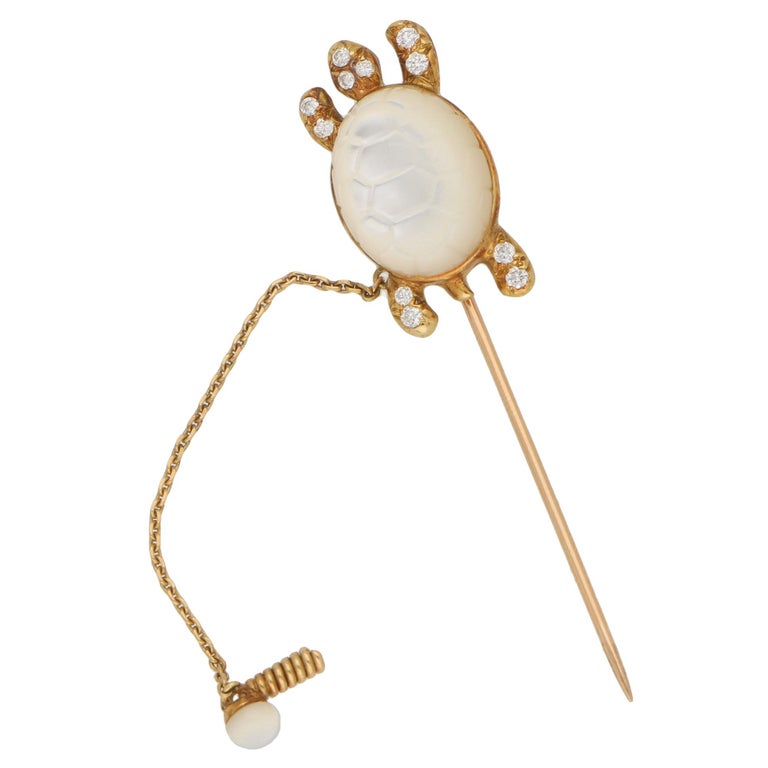 Retro Mauboussin Moonstone and Diamond Turtle Stick Pin / Brooch Set in 18 Karat Gold For Sale
