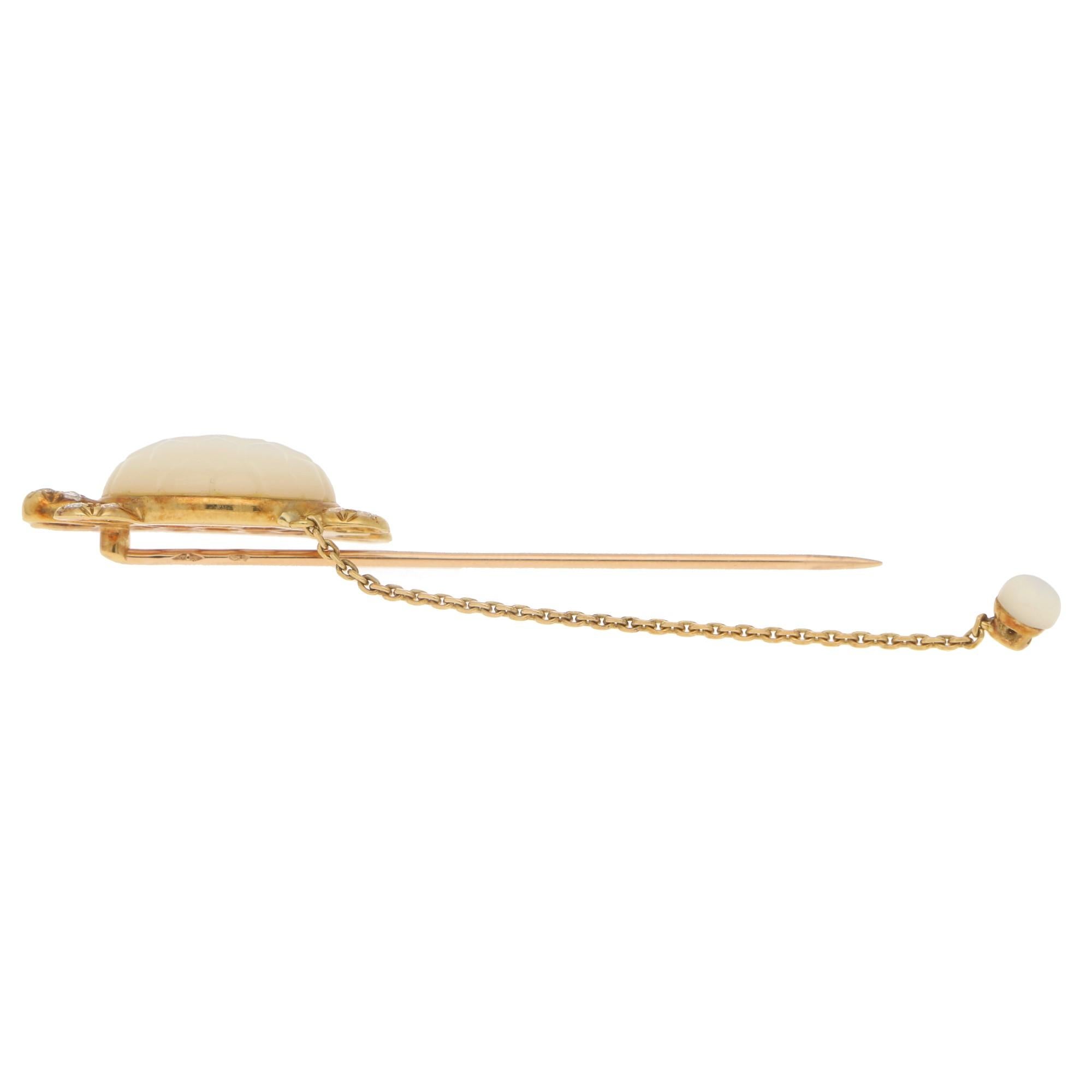 Retro Mauboussin Moonstone and Diamond Turtle Stick Pin / Brooch Set in 18 Karat Gold For Sale