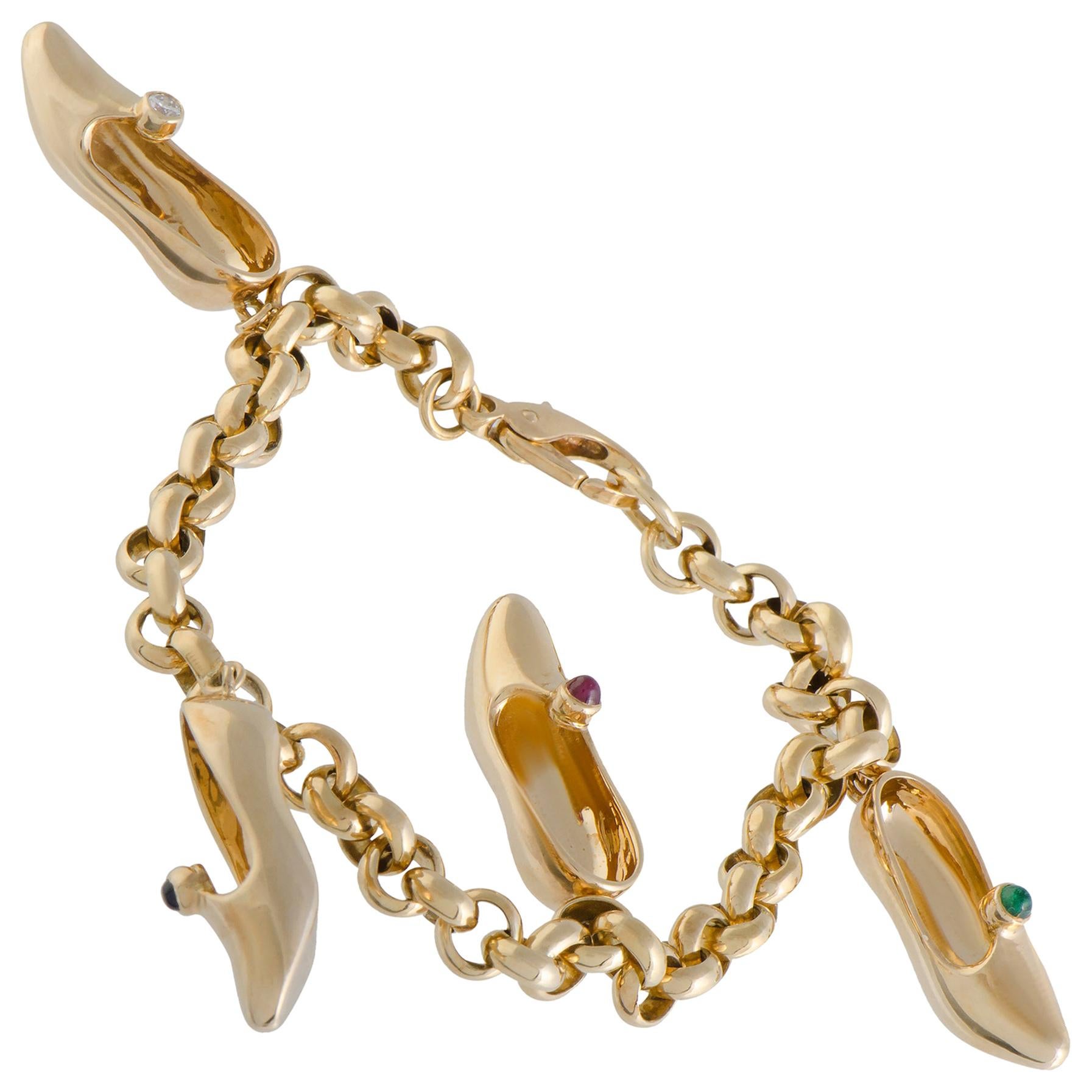 Mauboussin Multi Gemstone Dainty Slipper Gold Charm Bracelet