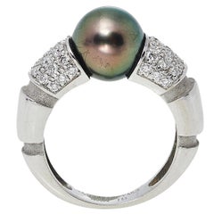 Mauboussin Nadja Cultured Pearl Diamond 18K White Gold Cocktail Ring Size 52