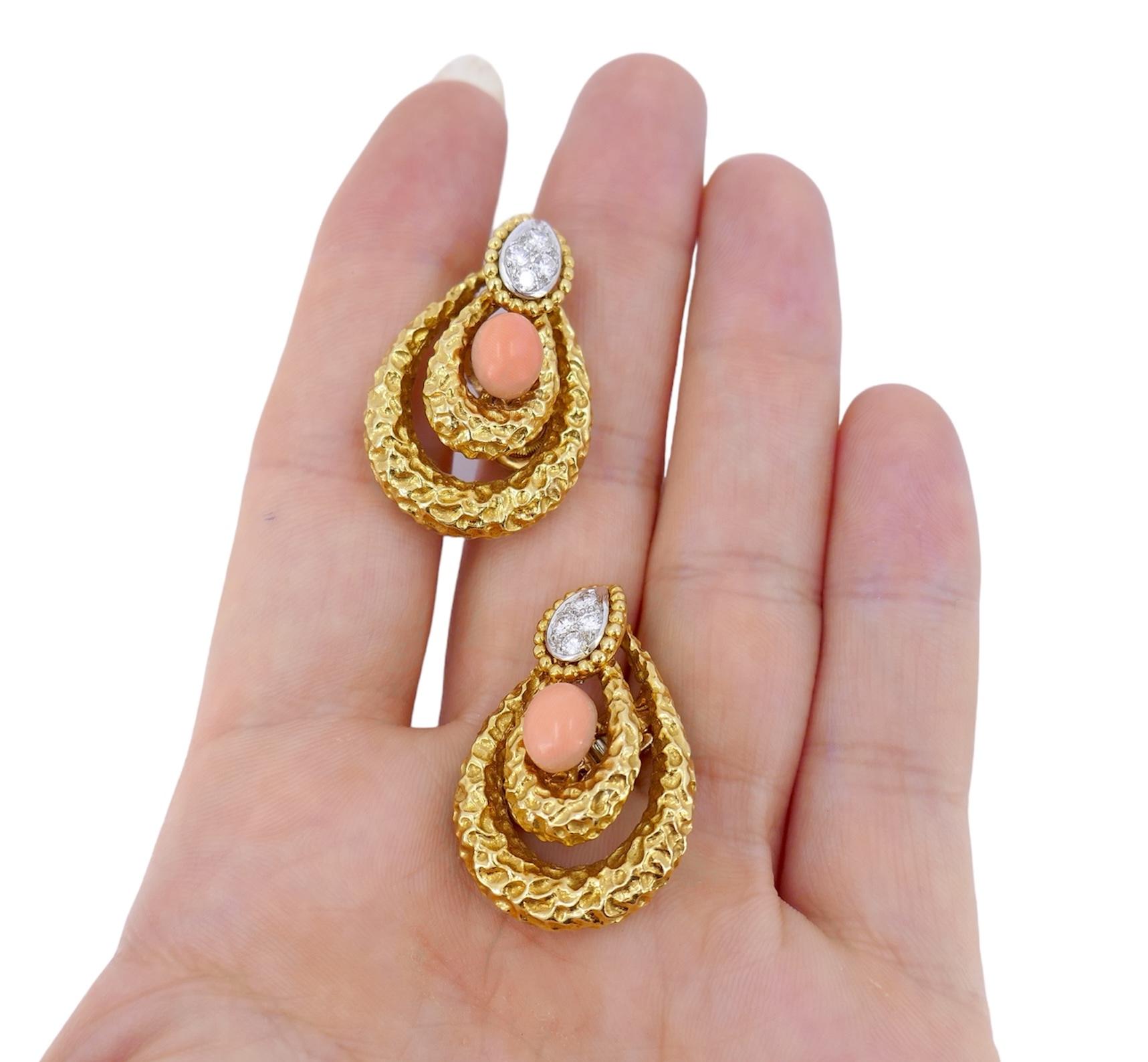 Mauboussin Paris 18k Hammered Gold Diamond Coral Earrings For Sale 5