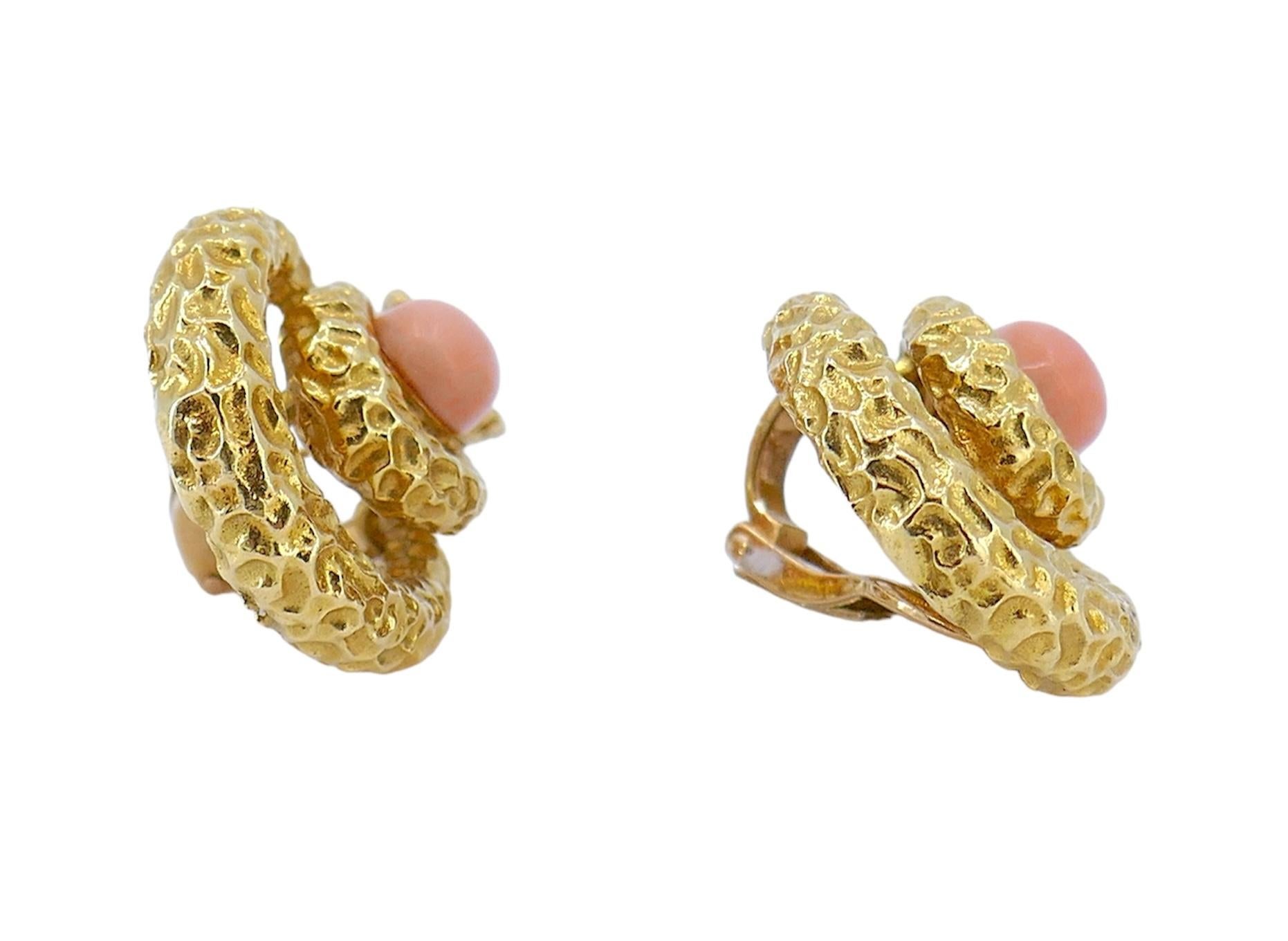 Mauboussin Paris 18k Hammered Gold Diamond Coral Earrings For Sale 3