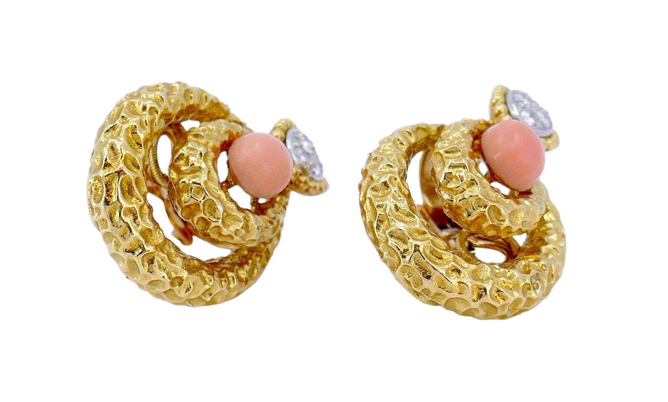Mauboussin Paris 18k Hammered Gold Diamond Coral Earrings For Sale 4