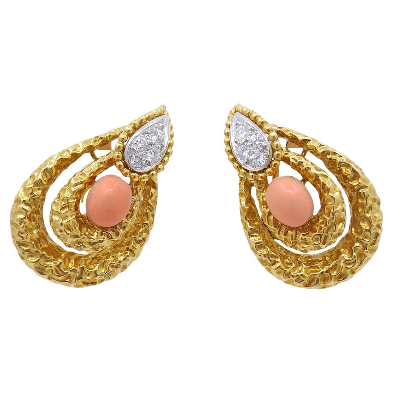 Mauboussin Paris 18k Hammered Gold Diamond Coral Earrings For Sale