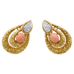 Vintage Mauboussin Paris 18k Hammered Gold Diamond Coral Earrings
