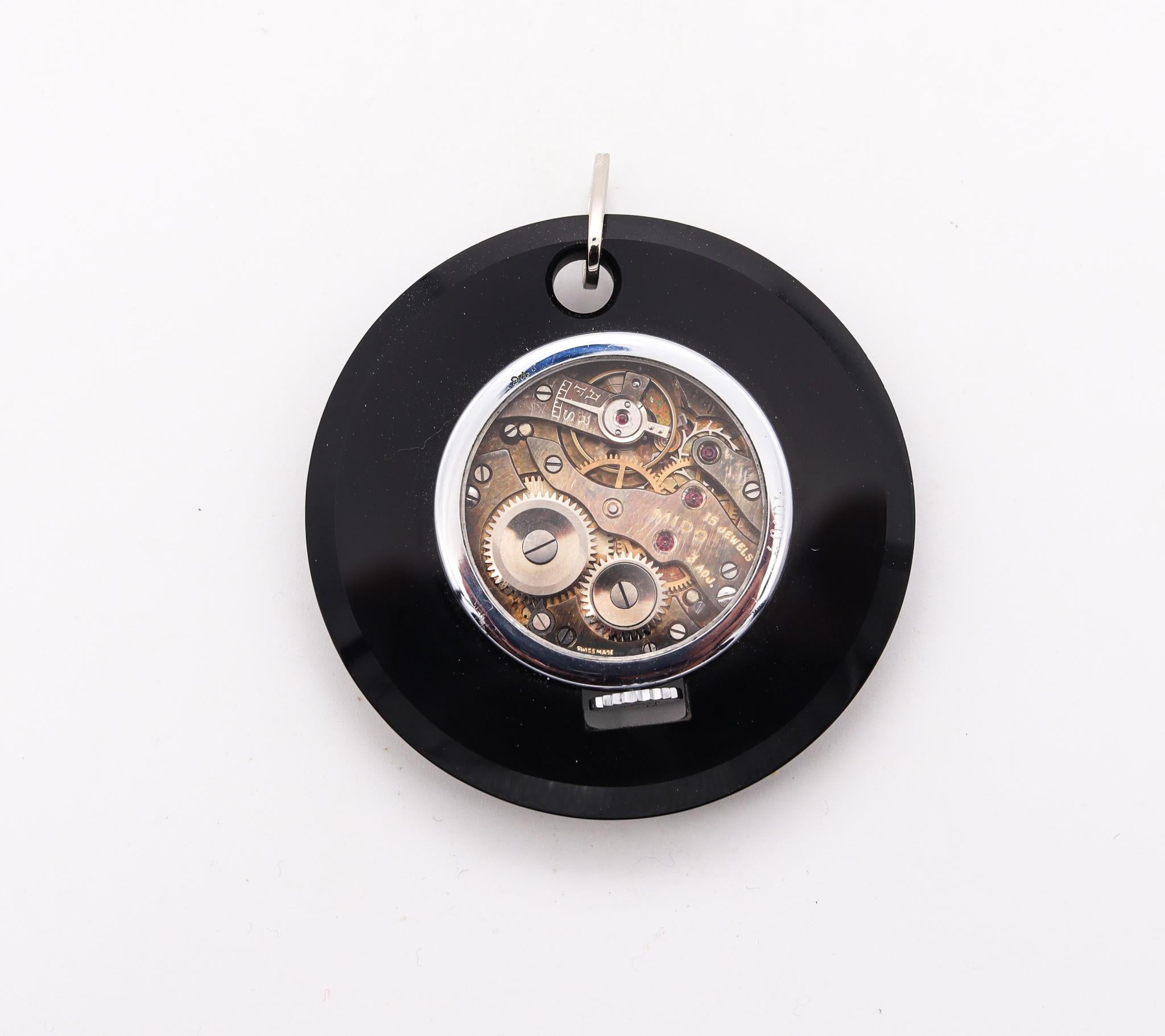 Retro Mauboussin Paris 1950 Mido Skeleton Round Watch pendant Stainless 18kt And Onyx For Sale