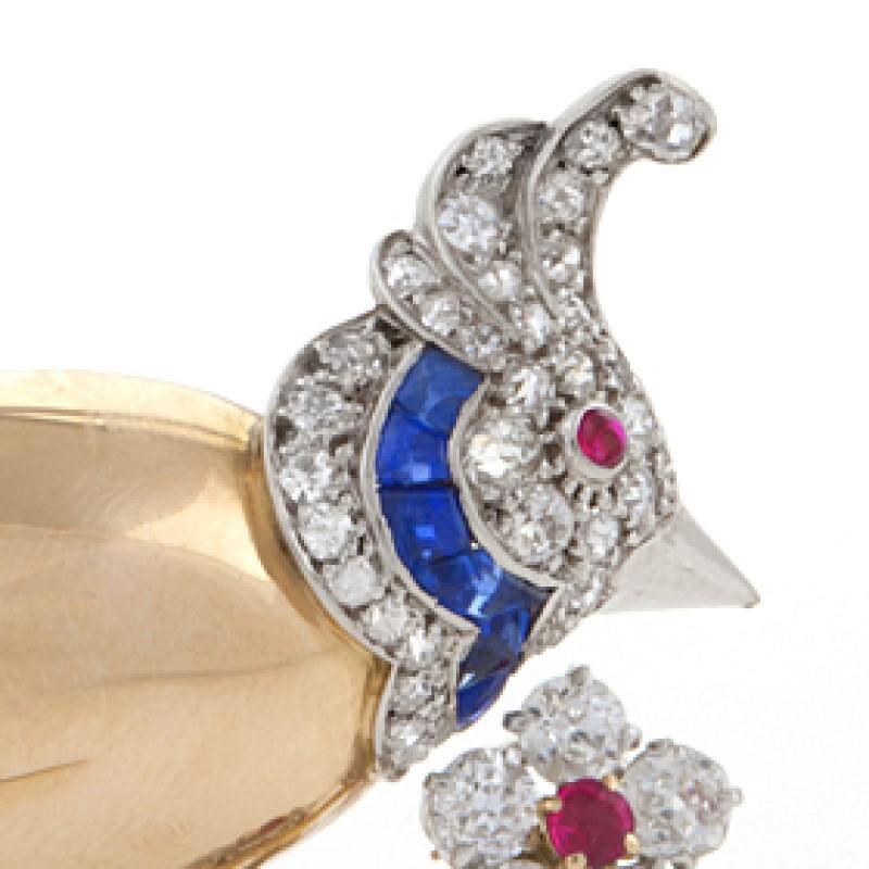 Women's Mauboussin Paris 1950s Diamond Ruby Sapphire and Gold Bird Brooch