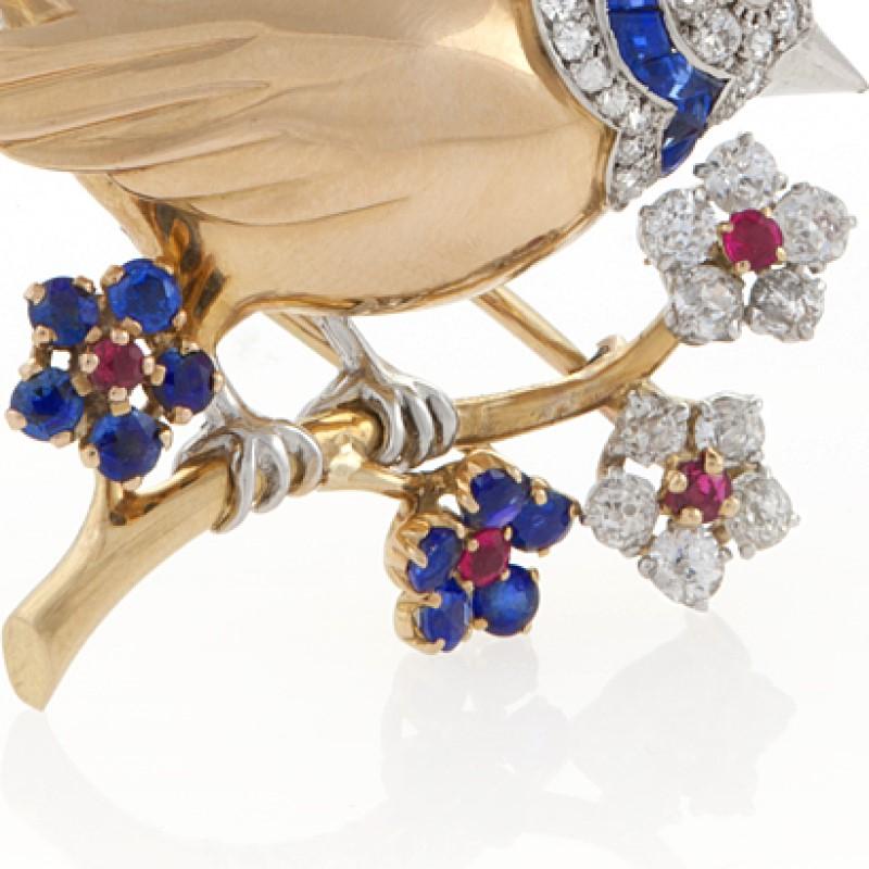 Mauboussin Paris 1950s Diamond Ruby Sapphire and Gold Bird Brooch 2