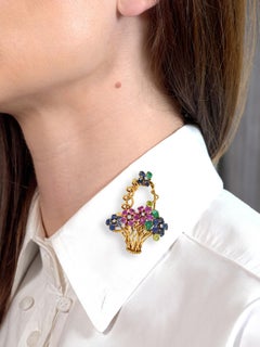 Spilla floreale Mauboussin Paris 1950, oro 18 carati, con più gemme, Vintage Giardinetto