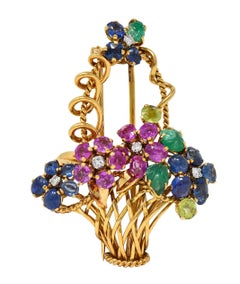 Mauboussin Paris 1950's Multi-Gem 18K Gold Vintage Giardinetto Floral Brooch