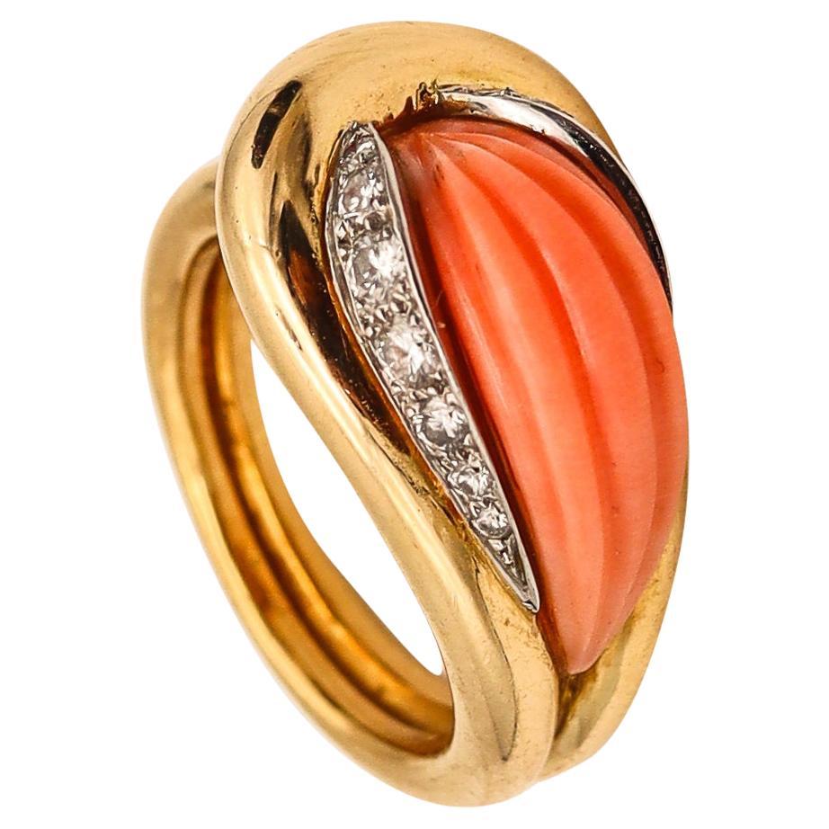 MAUBOUSSIN Paris 1970 Carved Coral Ring In 18Kt Gold, Platinum And VS Diamonds