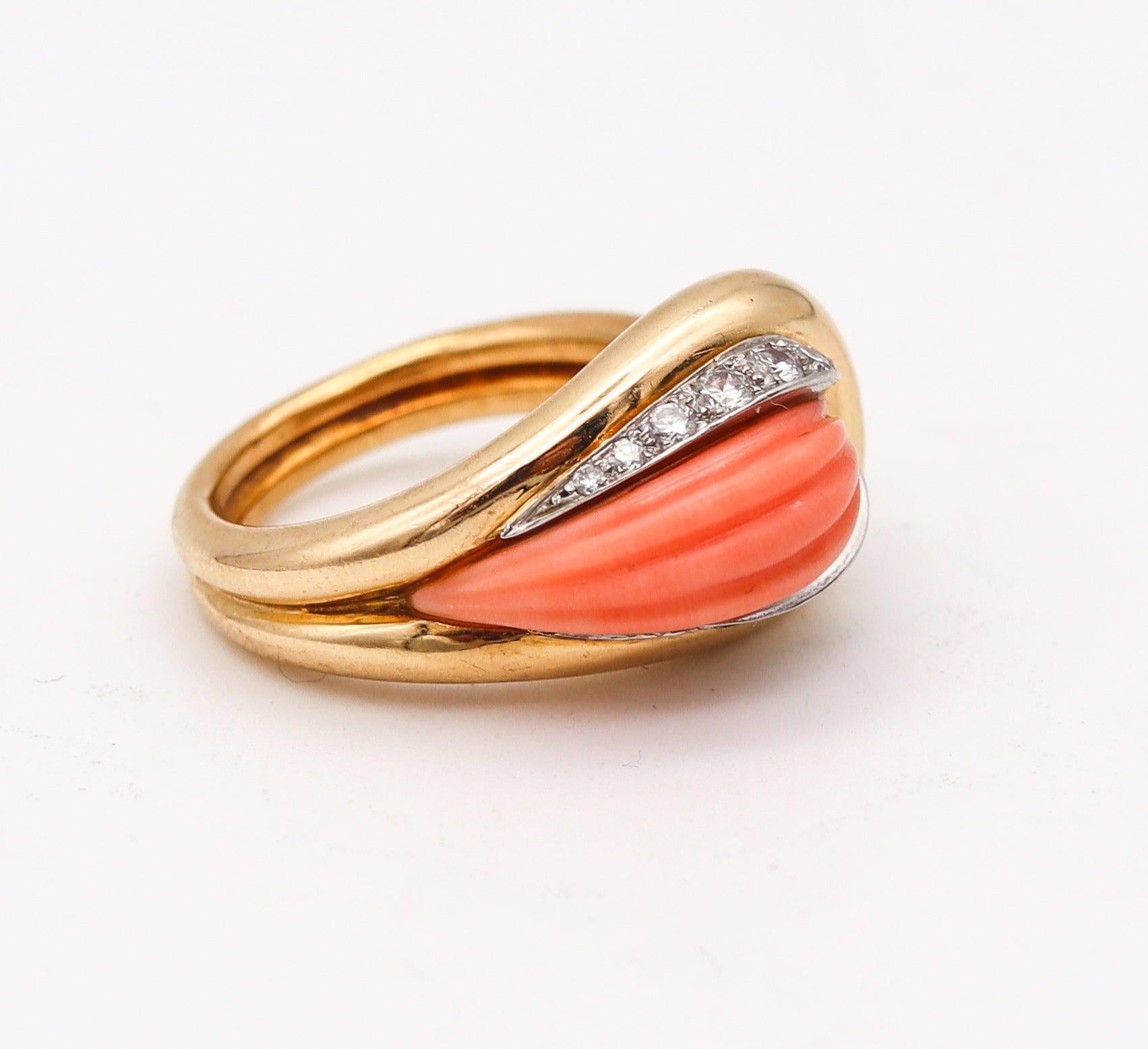 Cabochon MAUBOUSSIN Paris 1970 Fluted Coral Ring In 18Kt Yellow Gold With Diamonds For Sale