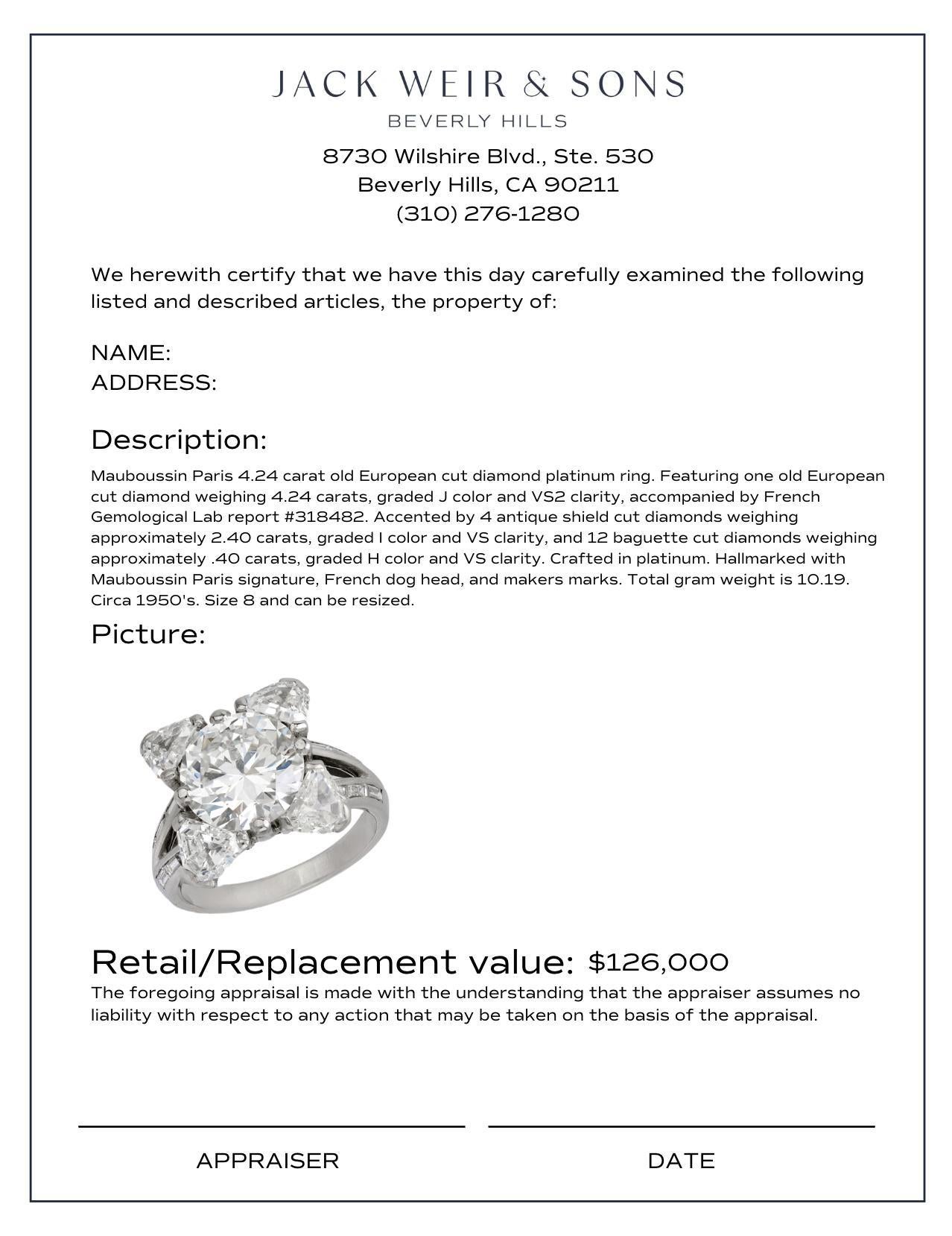 Mauboussin París Anillo de platino con diamante talla europea antigua de 4,24 quilates en Bueno estado para la venta en Beverly Hills, CA