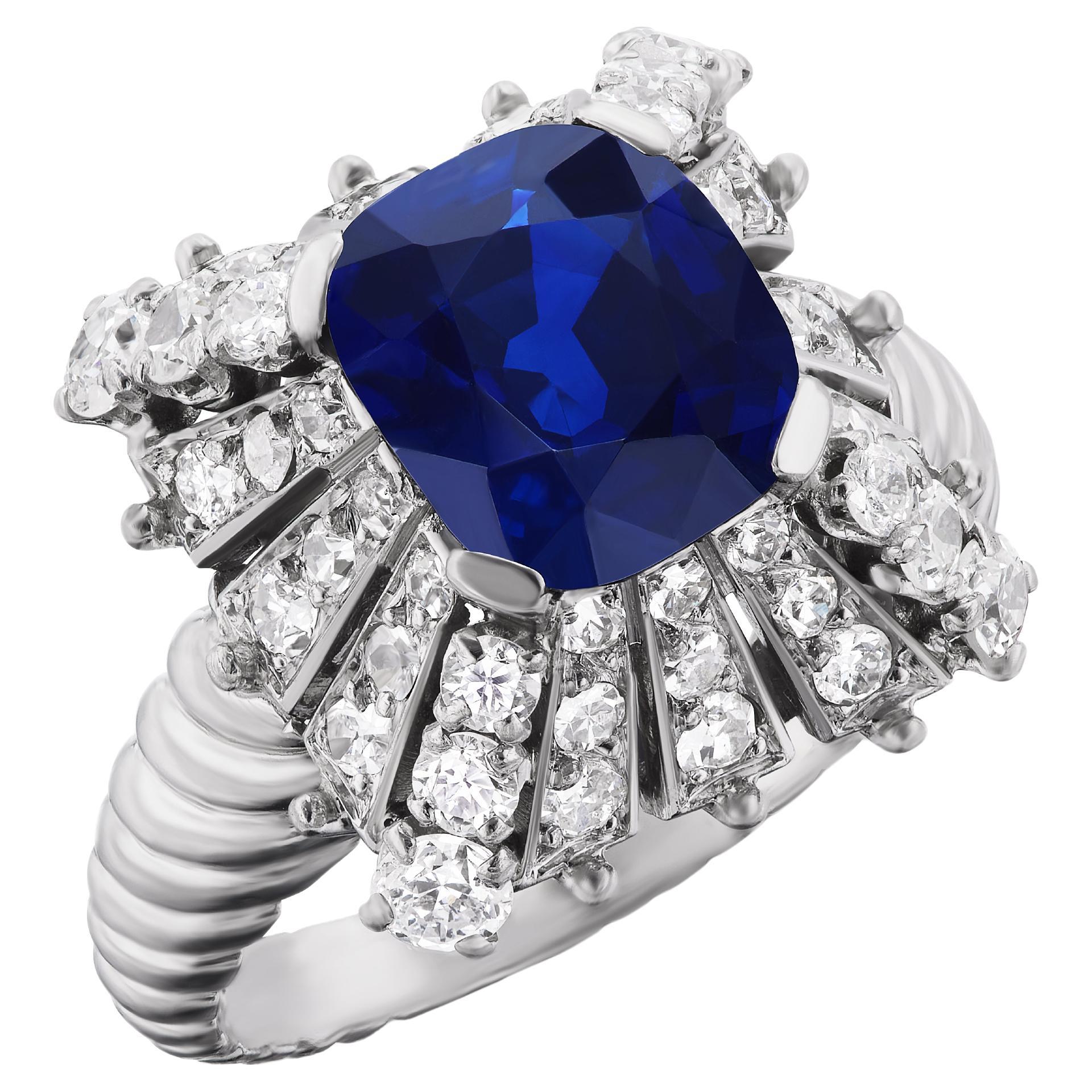 Mauboussin Paris Art Deco 3.47ct Cushion Sapphire and Diamond Ring For Sale