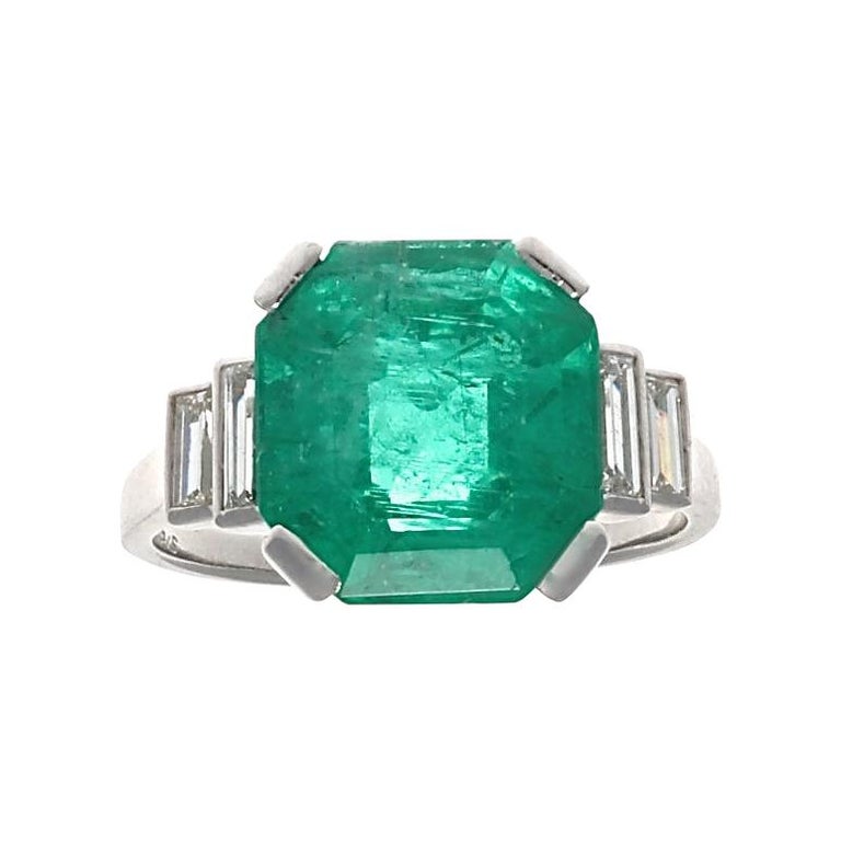 Mauboussin Paris Art Deco 4.5 Carat AGL Certified Emerald Diamond Platinum Ring For Sale