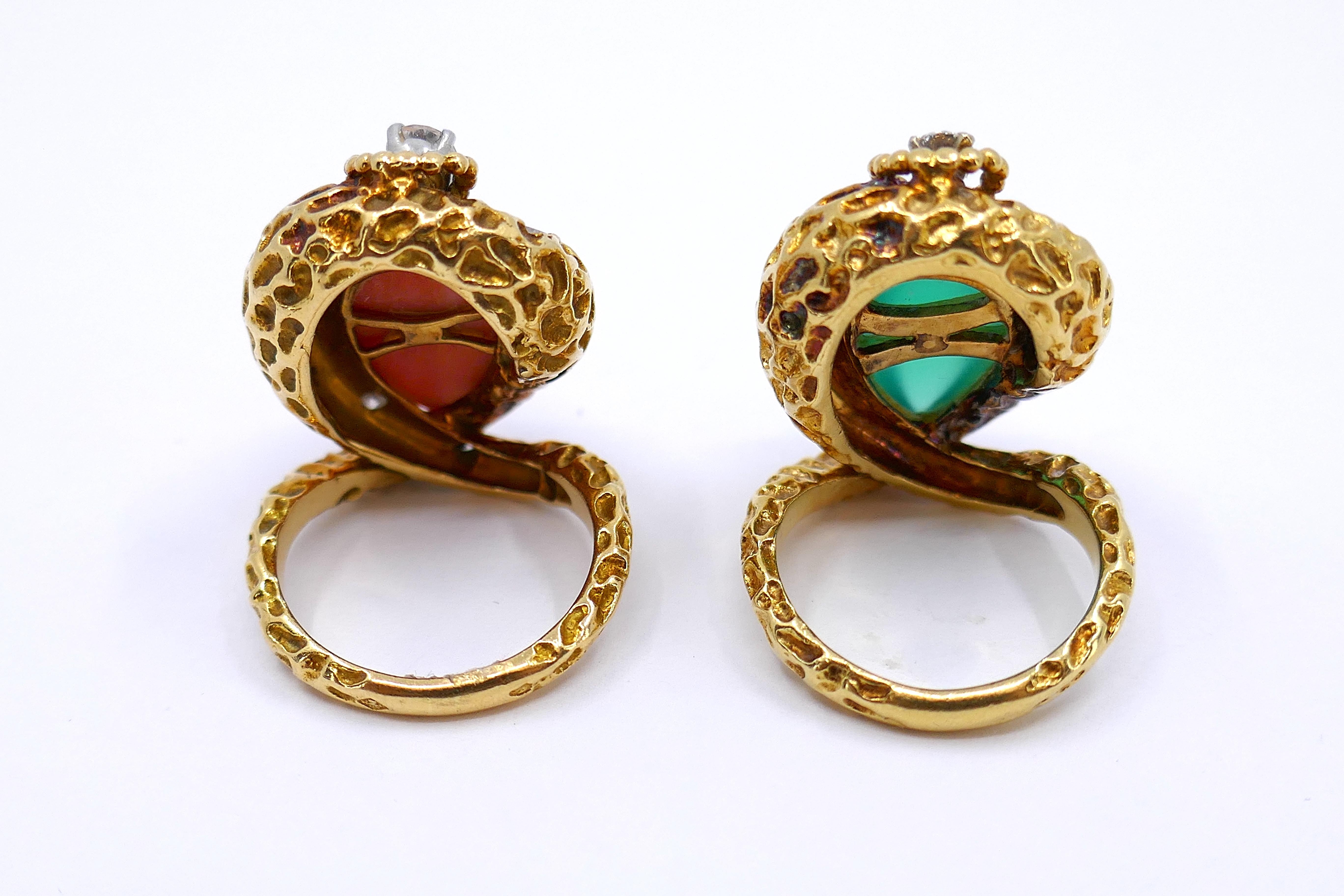 Mauboussin Paris Coral & Chrysophrase Diamond 18k Gold Rings In Good Condition For Sale In Beverly Hills, CA