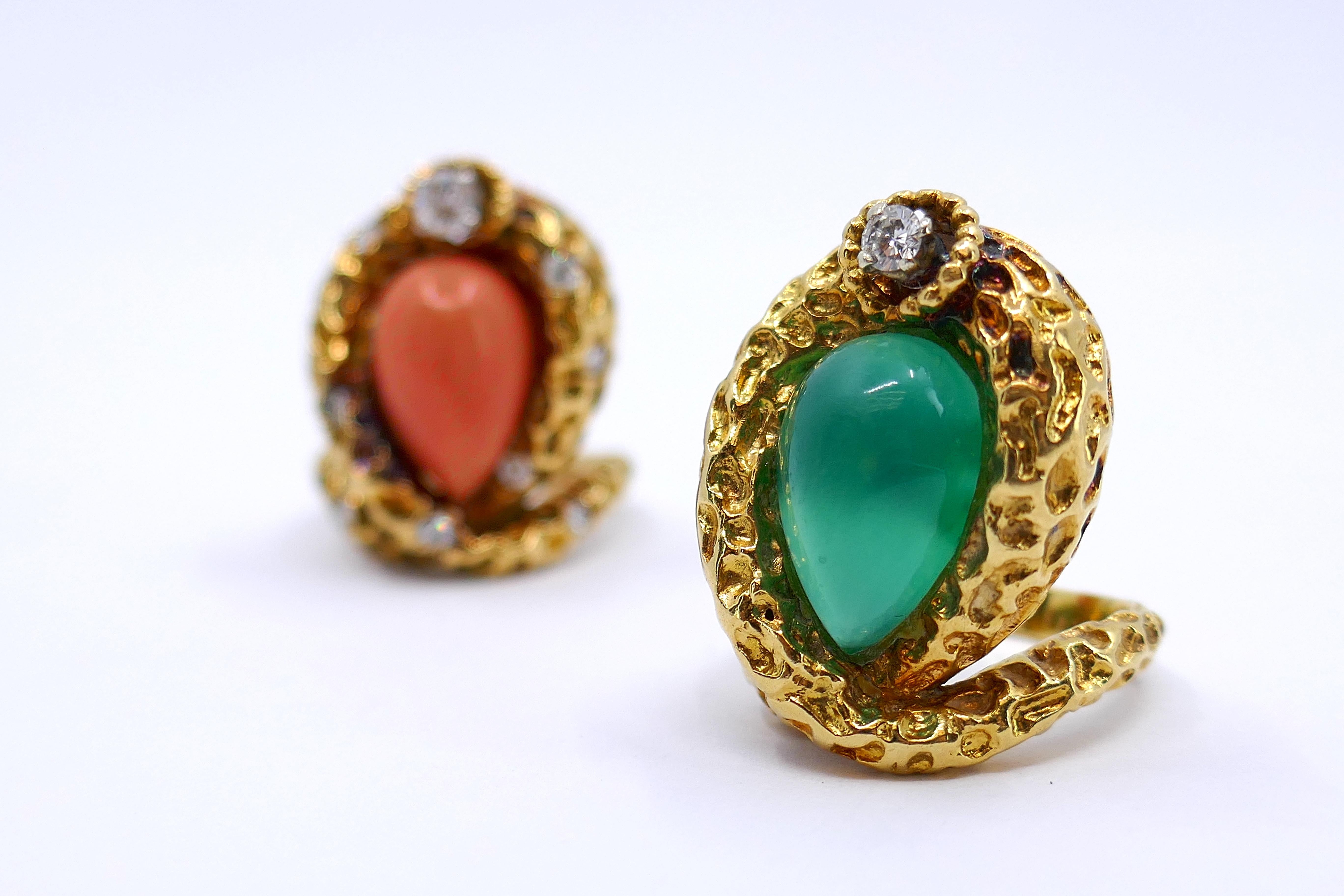 Mauboussin Paris Coral & Chrysophrase Diamond 18k Gold Rings For Sale 2