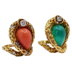 Vintage Mauboussin Paris Coral & Chrysophrase Diamond 18k Gold Rings