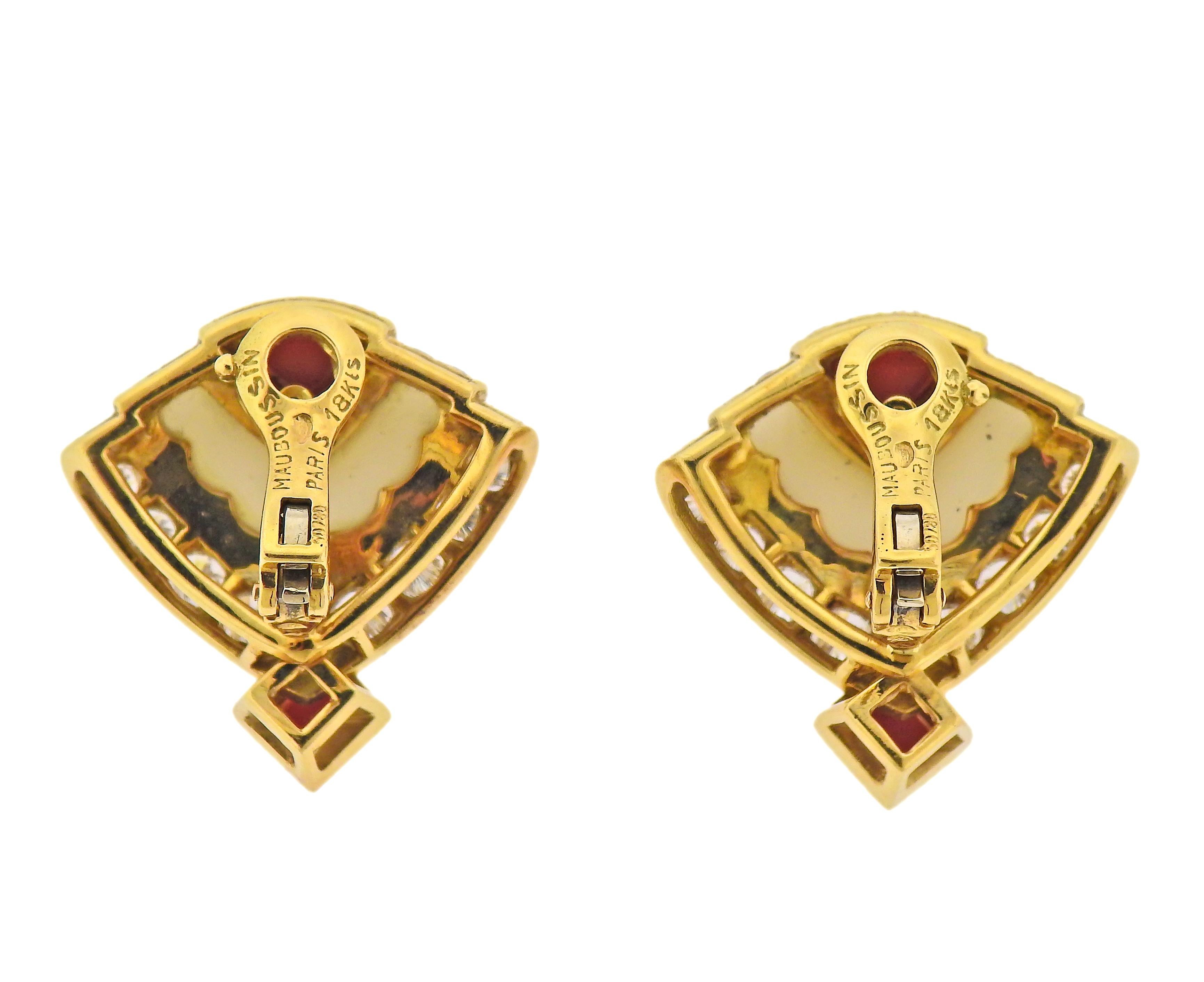 Pair of 18k gold earrings by Mauboussin Paris, with carved coral and approx. 2.00ctw in diamonds. Earrings are 24mm x 23mm. Marked: Mauboussin Paris, 18k. Weight - 17.6 grams. 