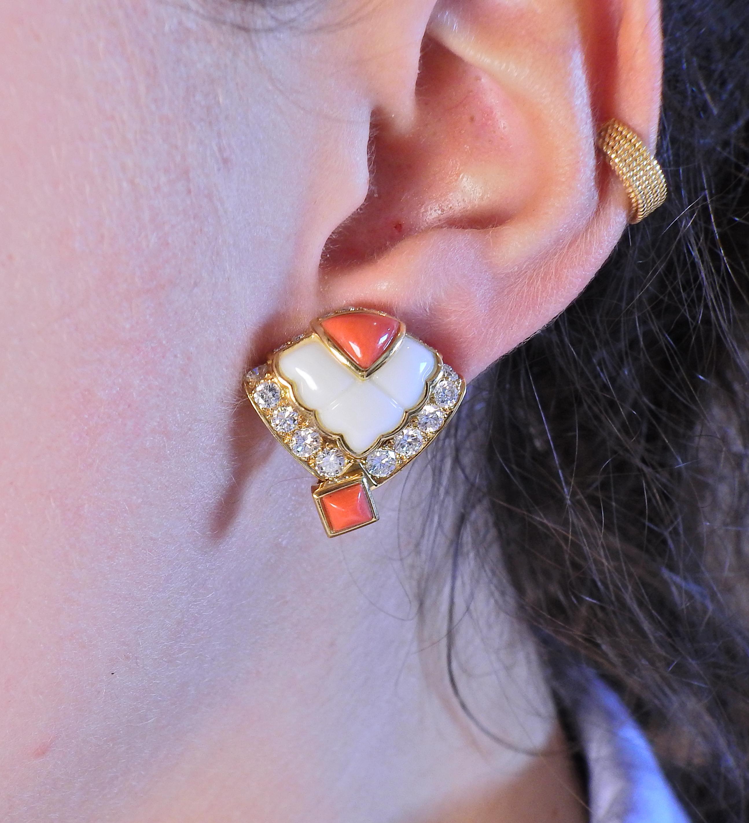 Round Cut Mauboussin Paris Coral Diamond Gold Earrings For Sale