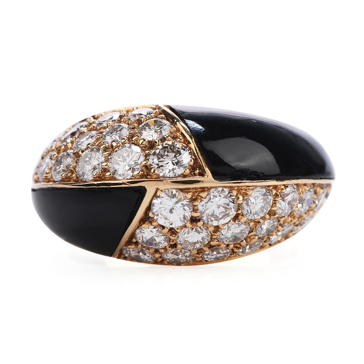 This stunning Mauboussin French ring was inspired in a double motif and created in 18K white gold.

Adorning the top are carved black onyx and 36 natural diamond weighing approx. 2.90 carats .

Hallmarked, Purity marked and Numbered.

Ring Size: 5.5
