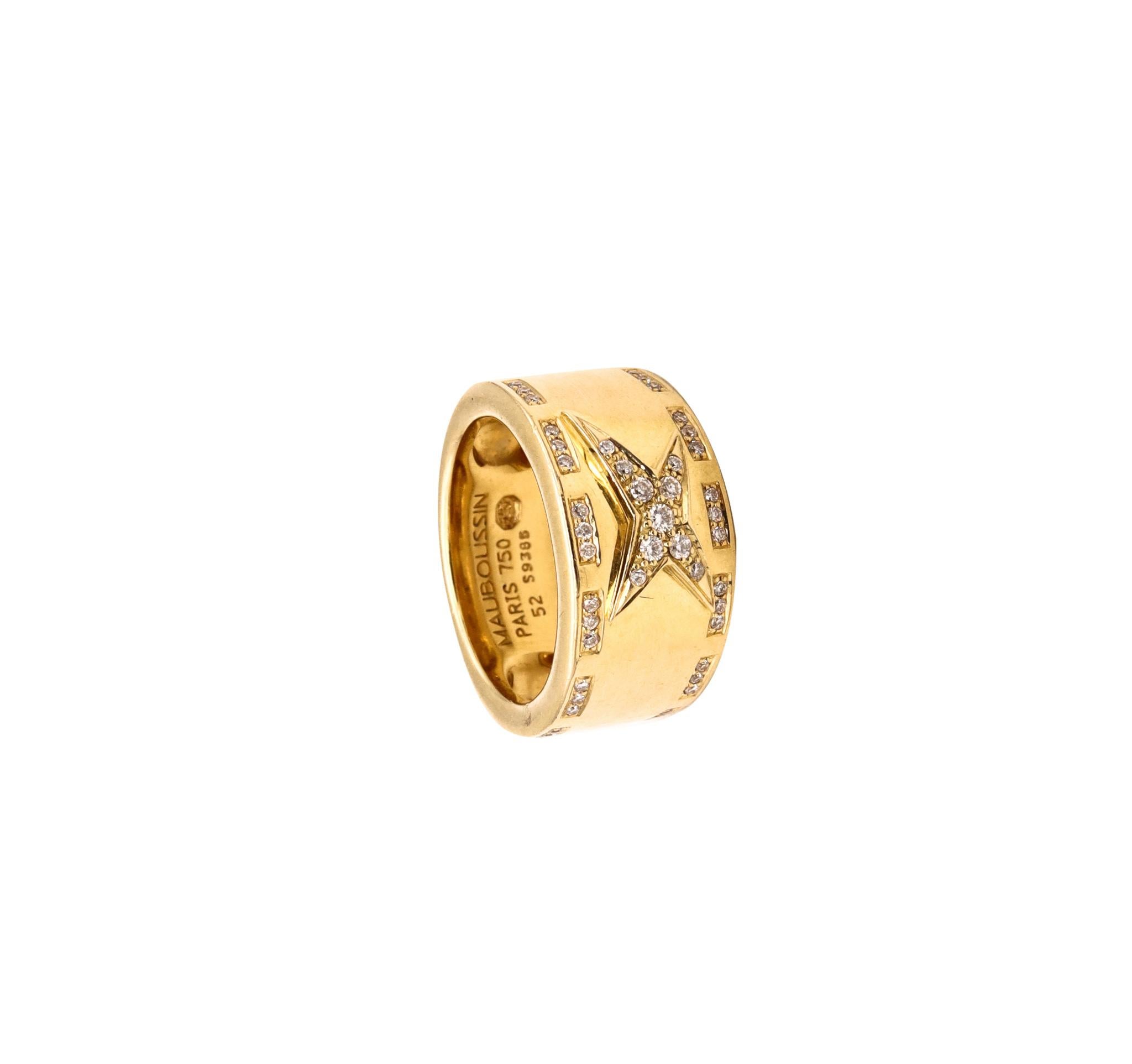 An Etoile Divide jeweled ring designed by Mauboussin.

This recognizable iconic piece, was created by the famous Parisian jewelry house of Mauboussin in solid yellow gold of 18 karats, with high polished finish.

Embellished on top, with a