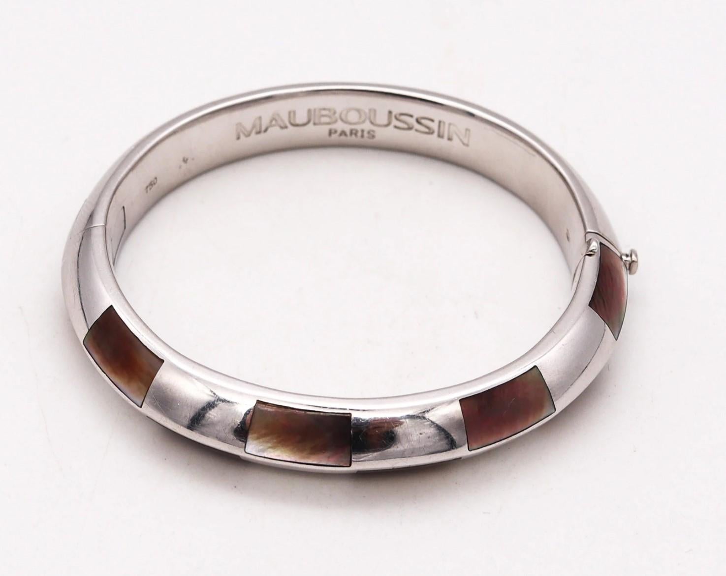 Modern Mauboussin Paris Geometric Bangle Bracelet in 18Kt White Gold with Carved Nacre For Sale