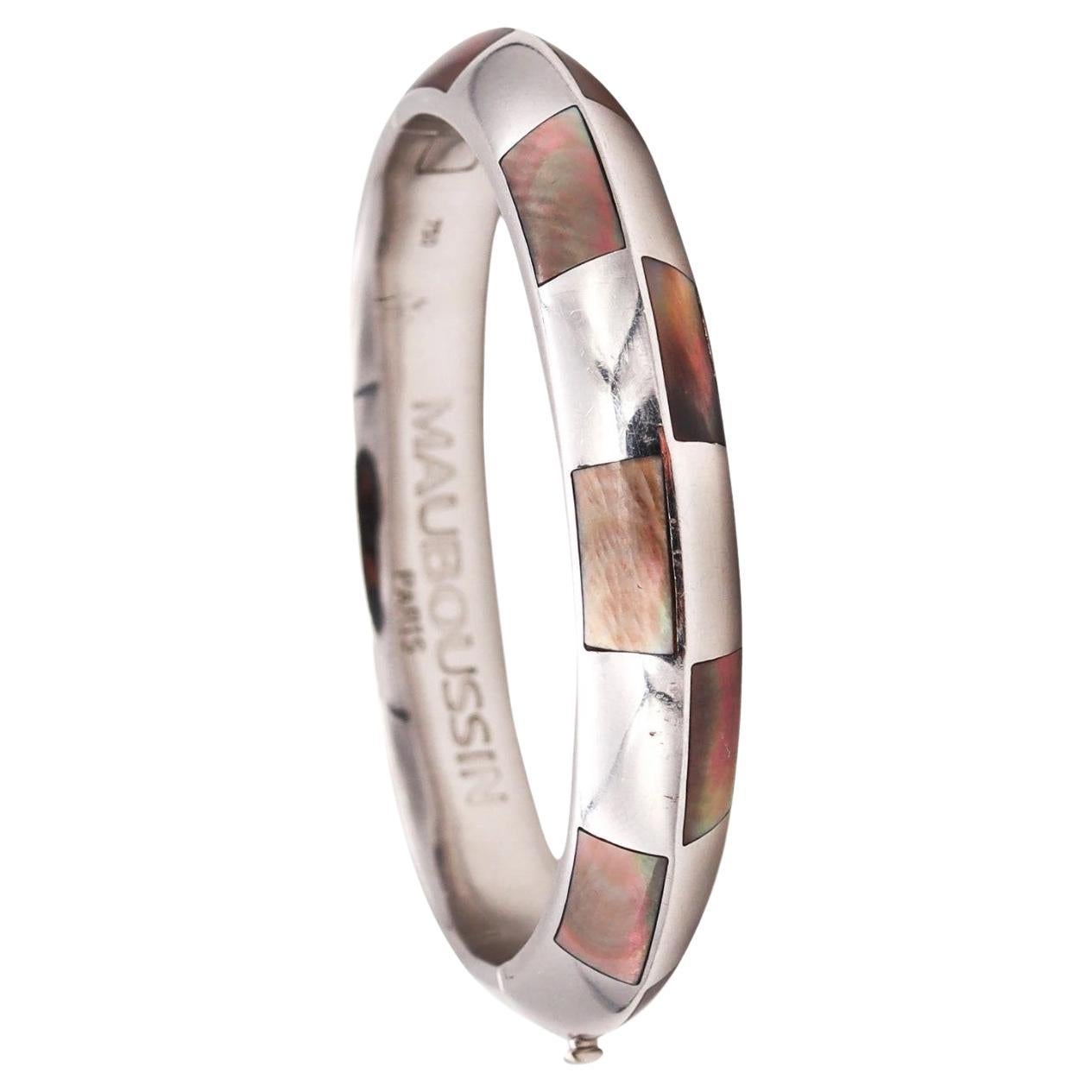 Mauboussin Paris Geometric Bangle Bracelet in 18Kt White Gold with Carved Nacre For Sale
