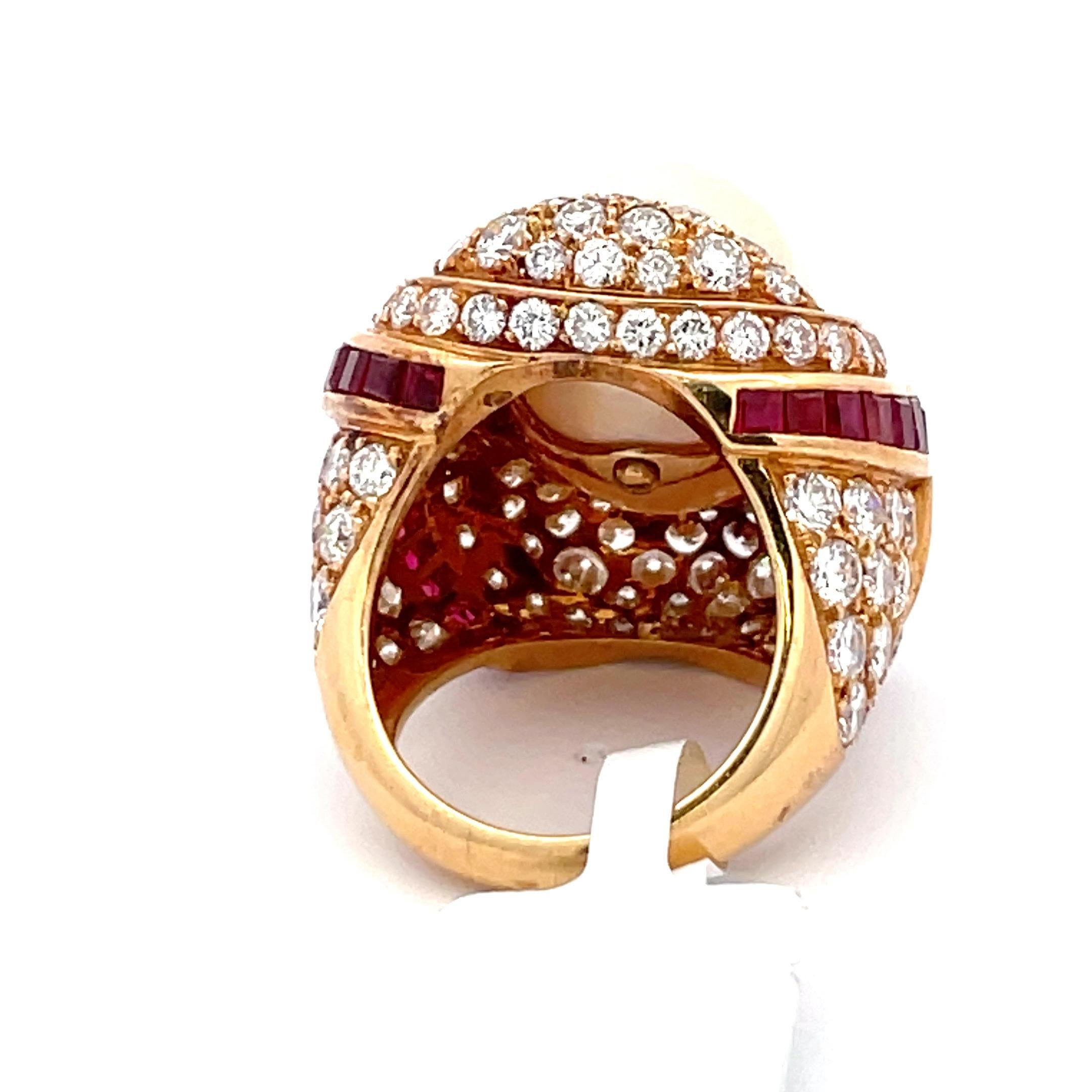 Contemporary Mauboussin Paris GIA Certified South Sea Pearl Diamond Ruby Dome Cocktail Ring 