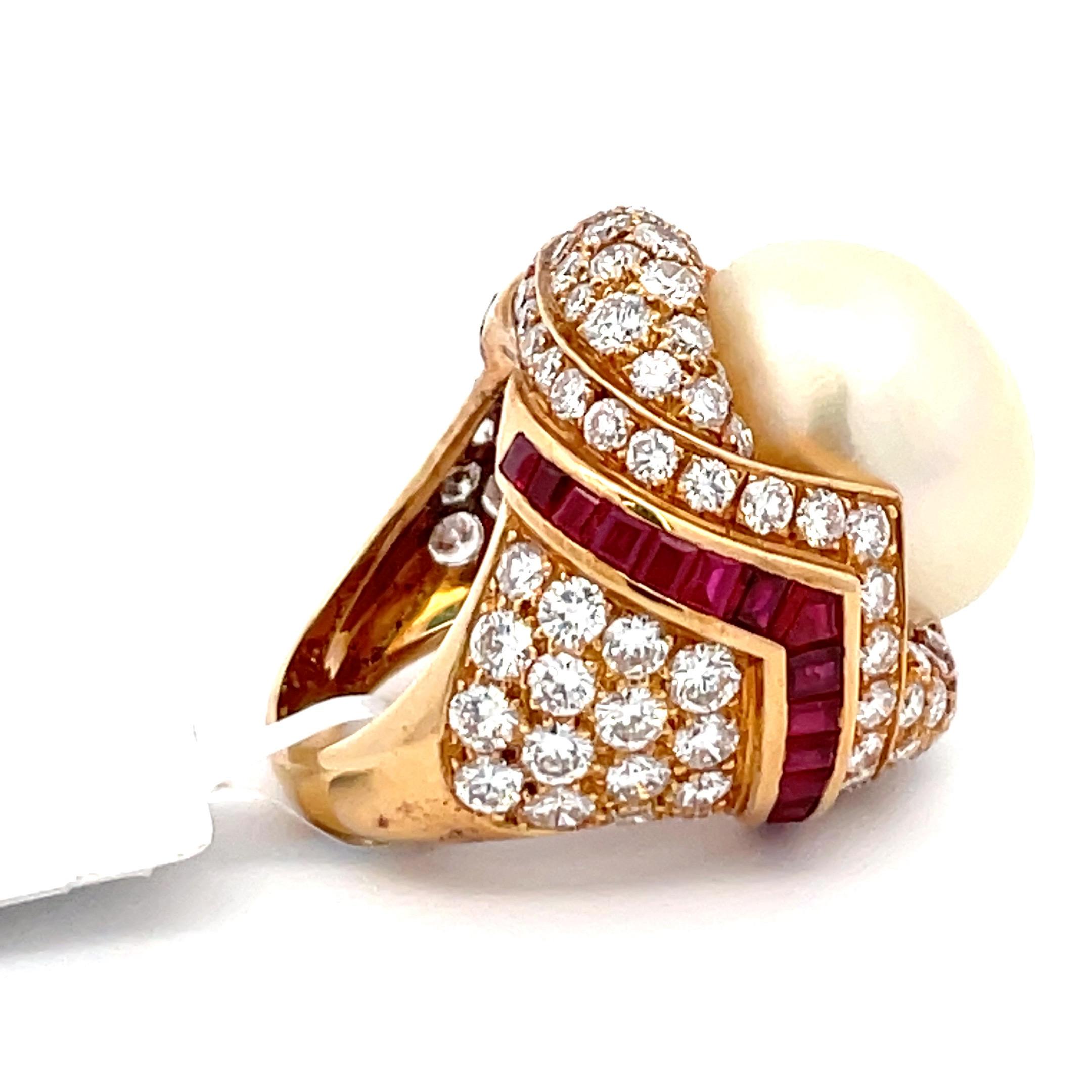 Round Cut Mauboussin Paris GIA Certified South Sea Pearl Diamond Ruby Dome Cocktail Ring 