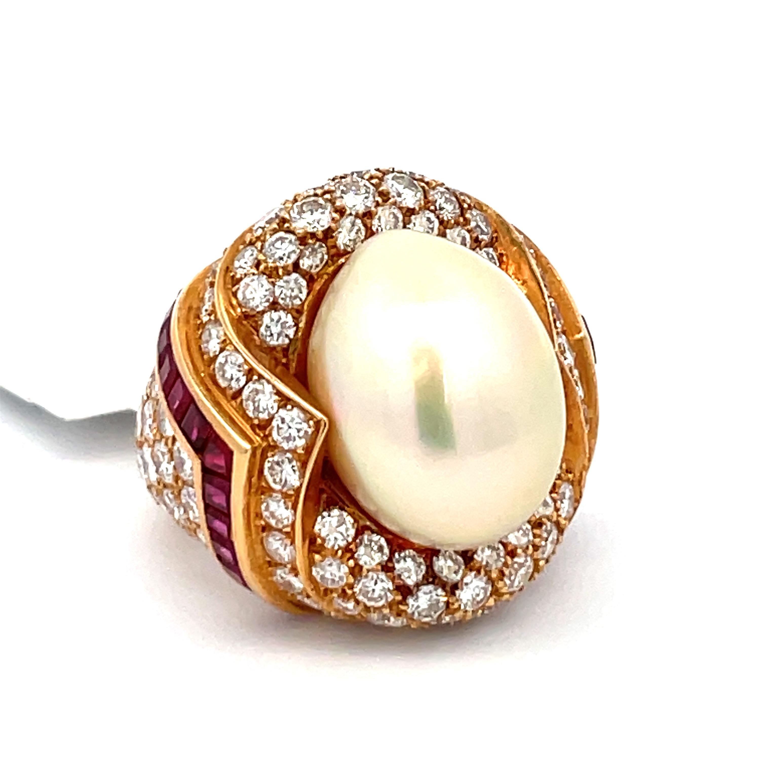 Mauboussin Paris GIA Certified South Sea Pearl Diamond Ruby Dome Cocktail Ring  In Excellent Condition In New York, NY