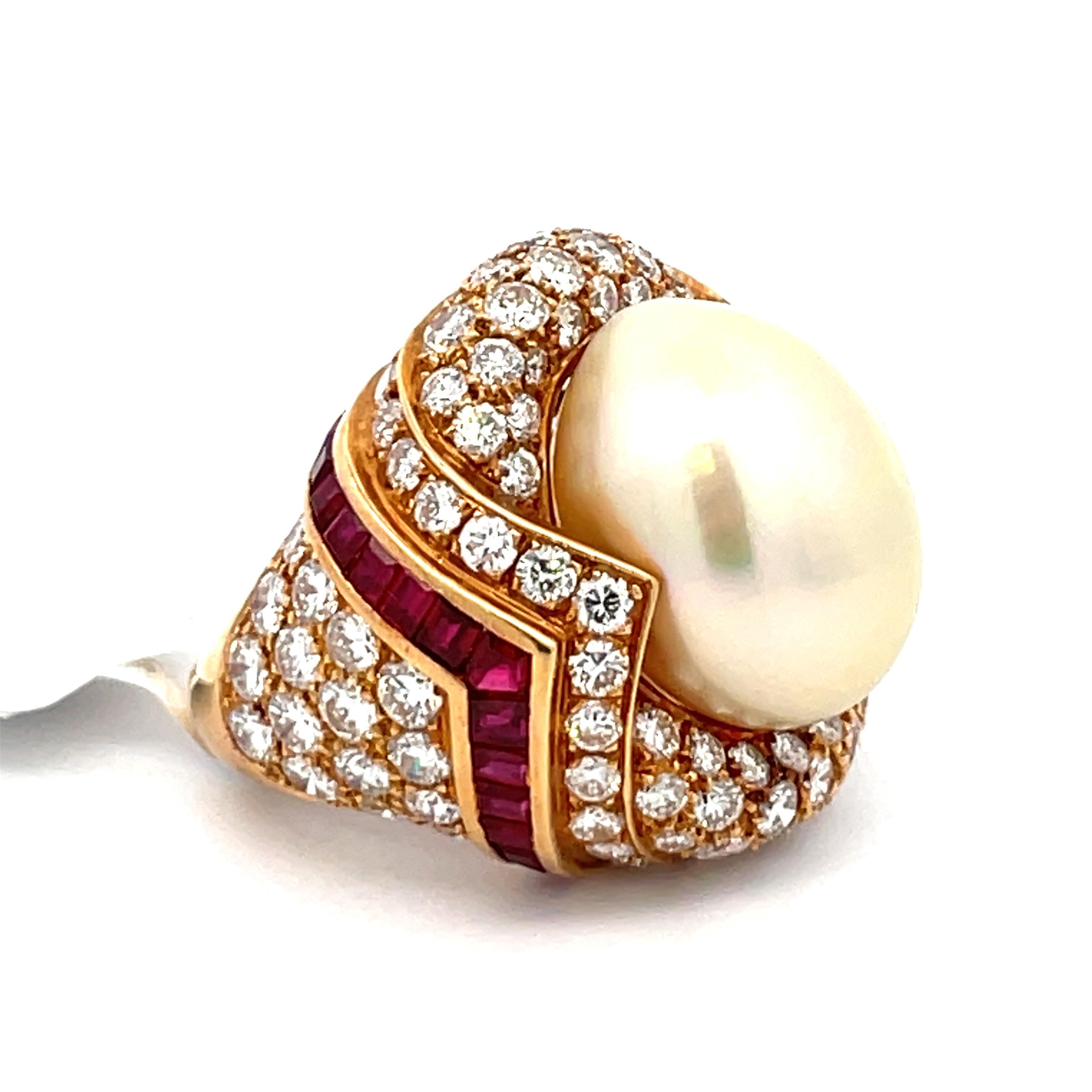 Women's Mauboussin Paris GIA Certified South Sea Pearl Diamond Ruby Dome Cocktail Ring 