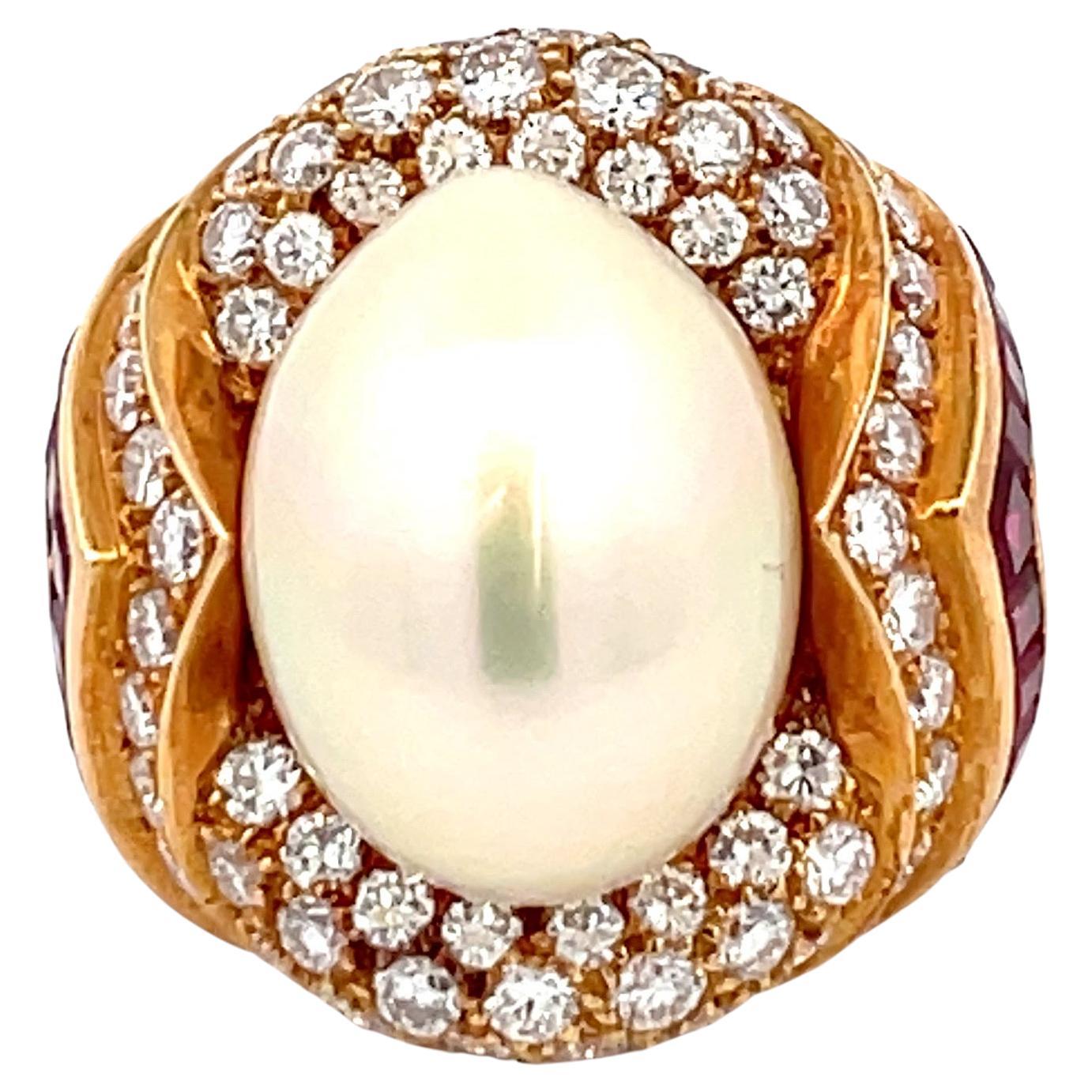 Mauboussin Paris GIA Certified South Sea Pearl Diamond Ruby Dome Cocktail Ring 