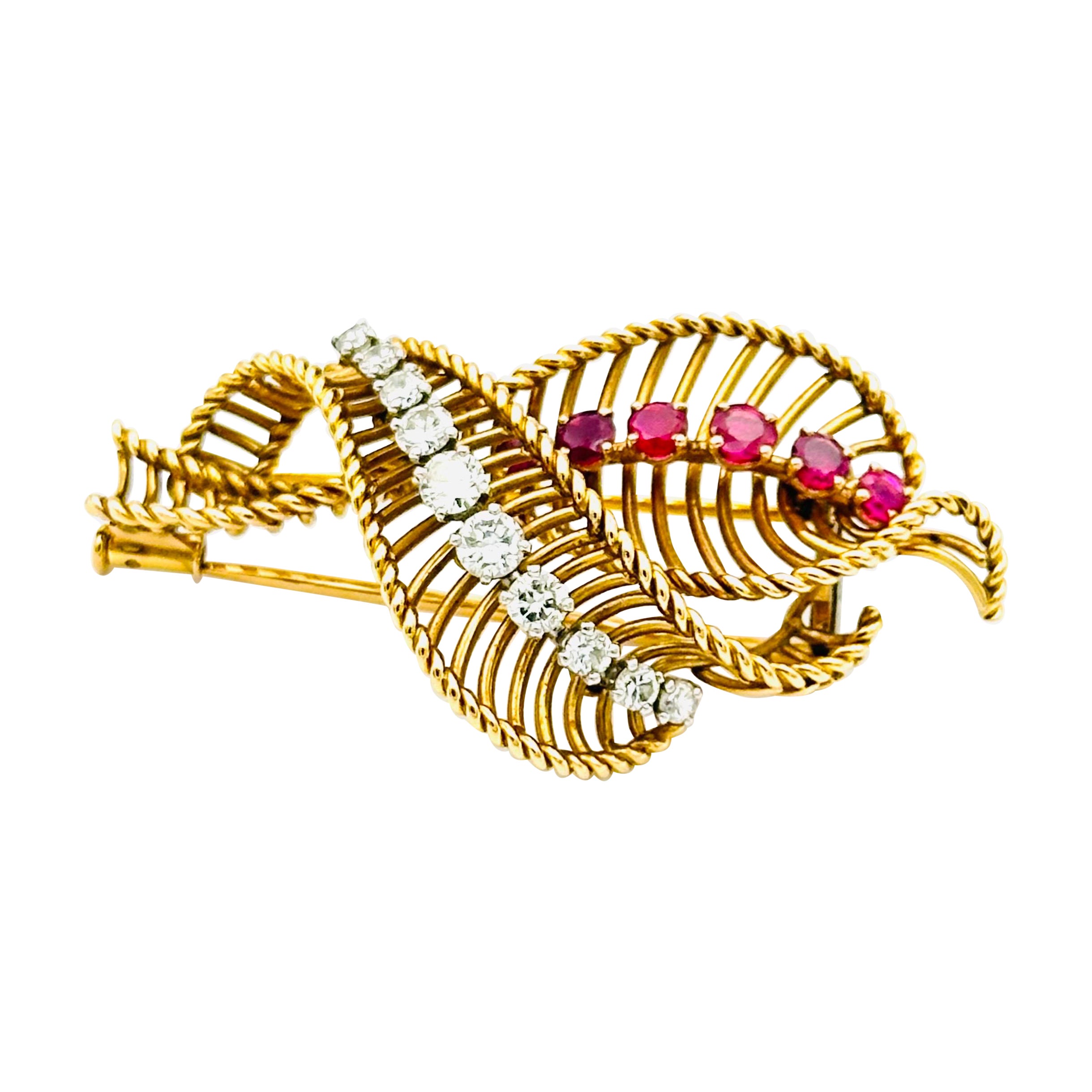 Mauboussin Paris Leaves Brooch 18k Gold , Ruby and Diamonds