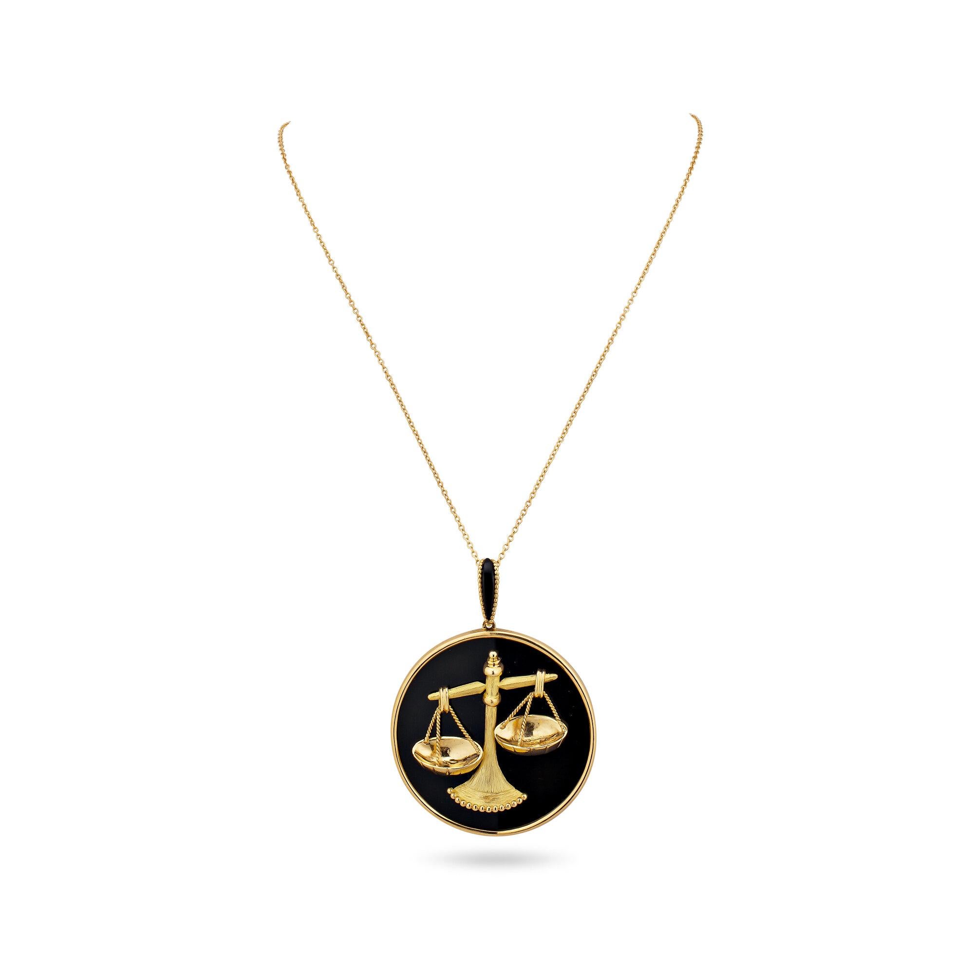 The scale will be tipped in your favor when wearing this Mauboussin Paris Libra zodiac gold and onyx vintage pendant necklace.  Representing balance, this statement pendant belongs to both those born under the libra zodiac sign and those leaders of