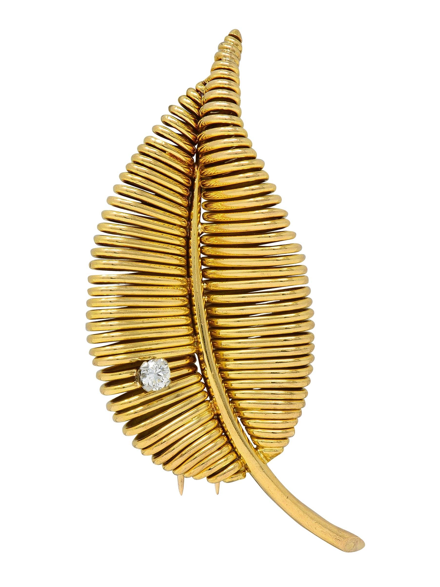 Broche Hoja Vintage Mauboussin París Mediados de Siglo Diamante Platino Oro 18 Kilates en venta 4