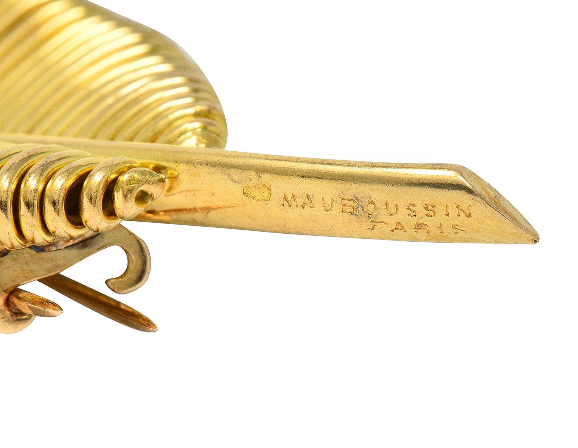 Femenino o masculino Broche Hoja Vintage Mauboussin París Mediados de Siglo Diamante Platino Oro 18 Kilates en venta
