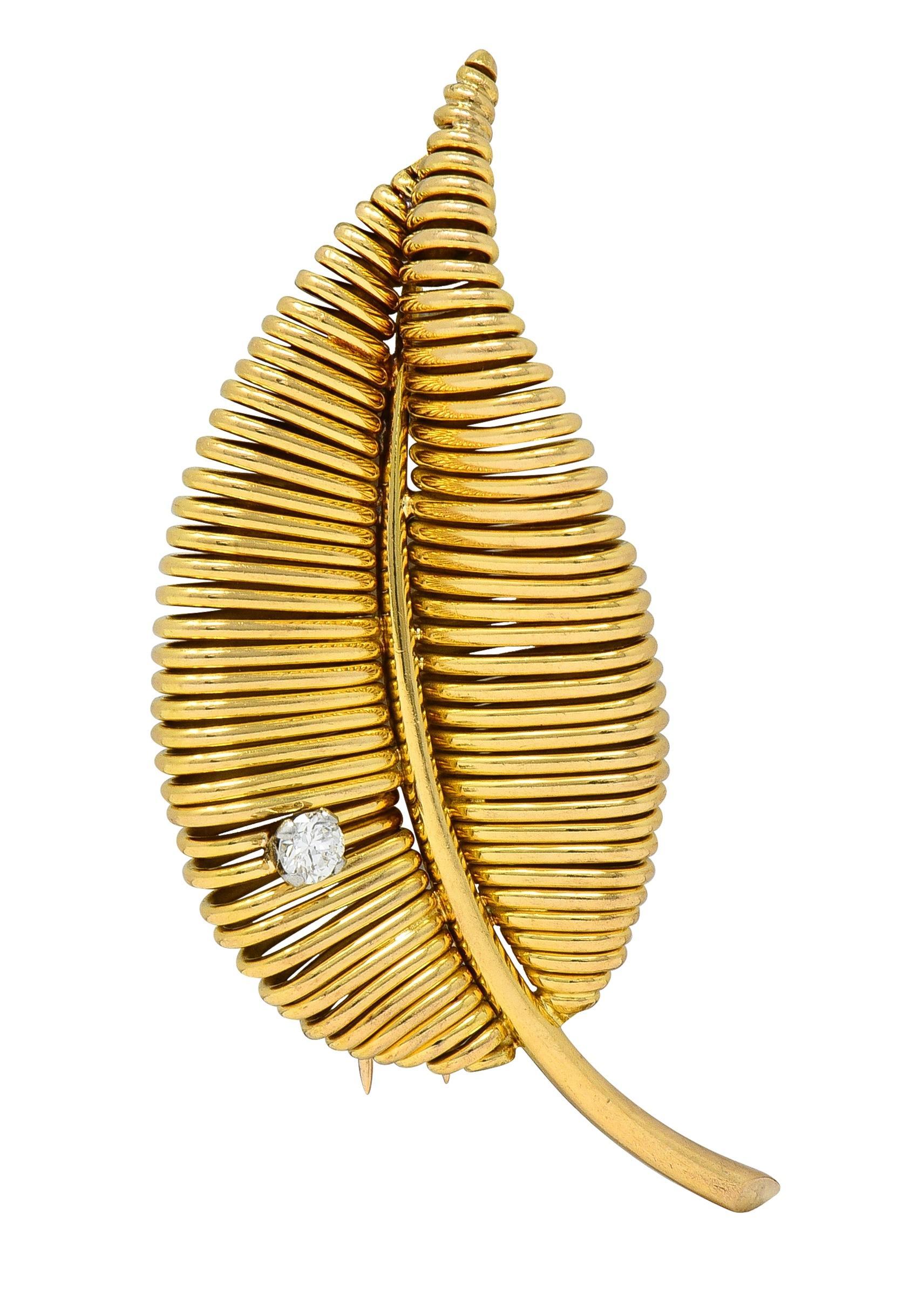 Mauboussin Paris Mid-Century Diamond Platinum 18 Karat Gold Vintage Leaf Brooch (Broche à feuilles)