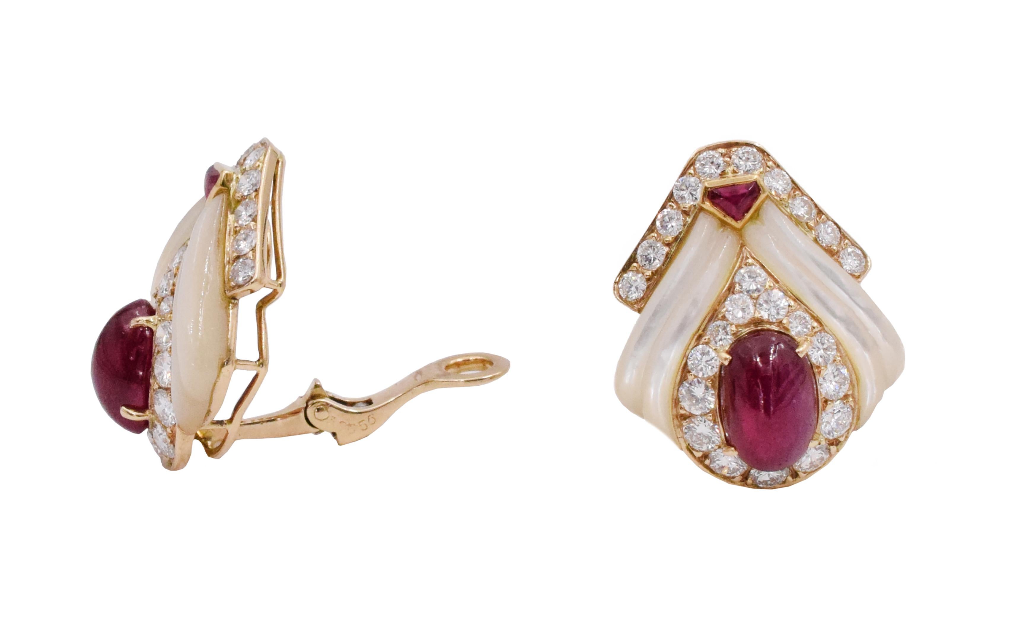 Artist Mauboussin Paris Ruby, Mother of Pearl and Diamond Ear Clips