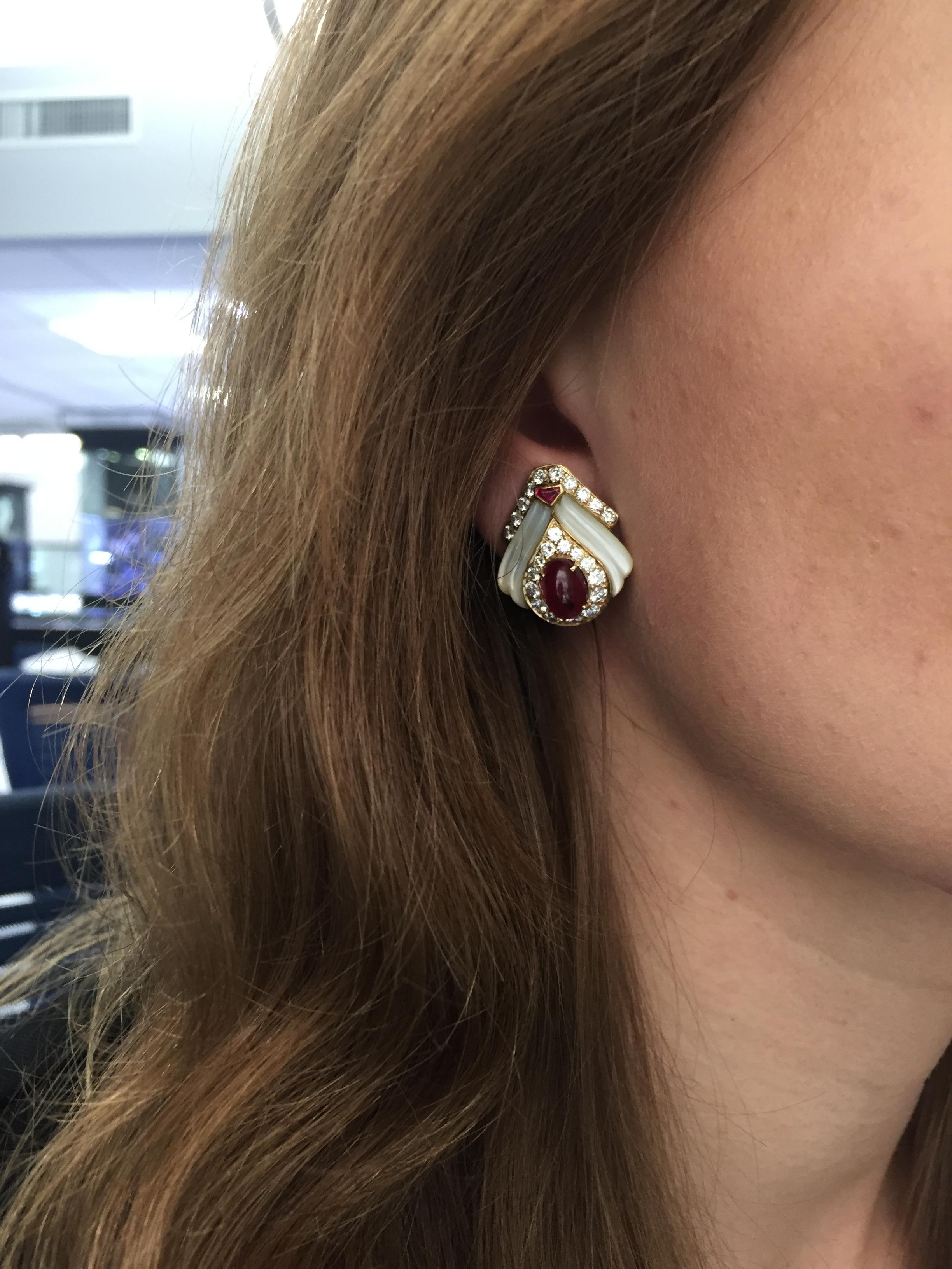 Round Cut Mauboussin Paris Ruby, Mother of Pearl and Diamond Ear Clips
