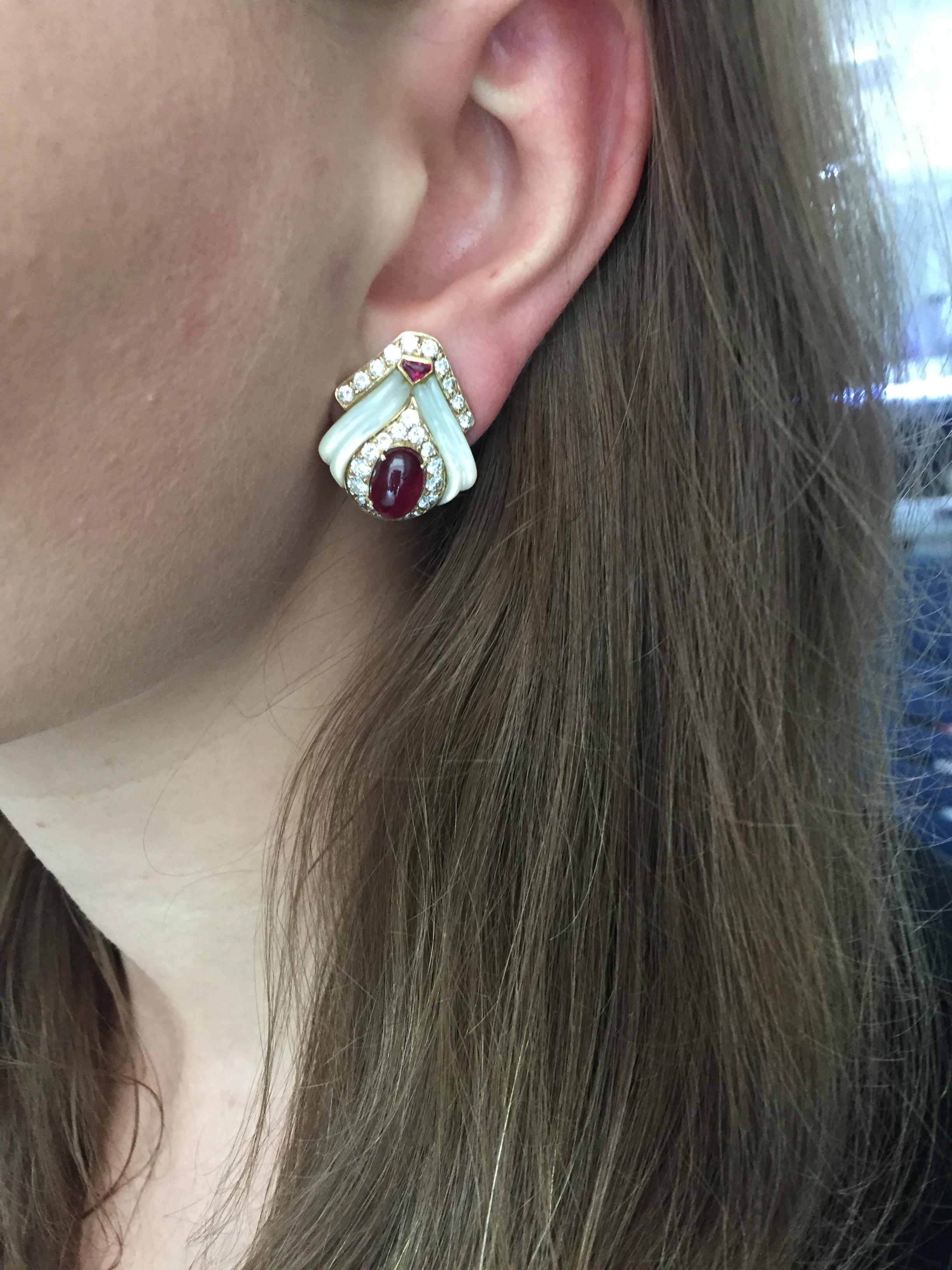 Mauboussin Paris Ruby, Mother of Pearl and Diamond Ear Clips In Excellent Condition In New York, NY