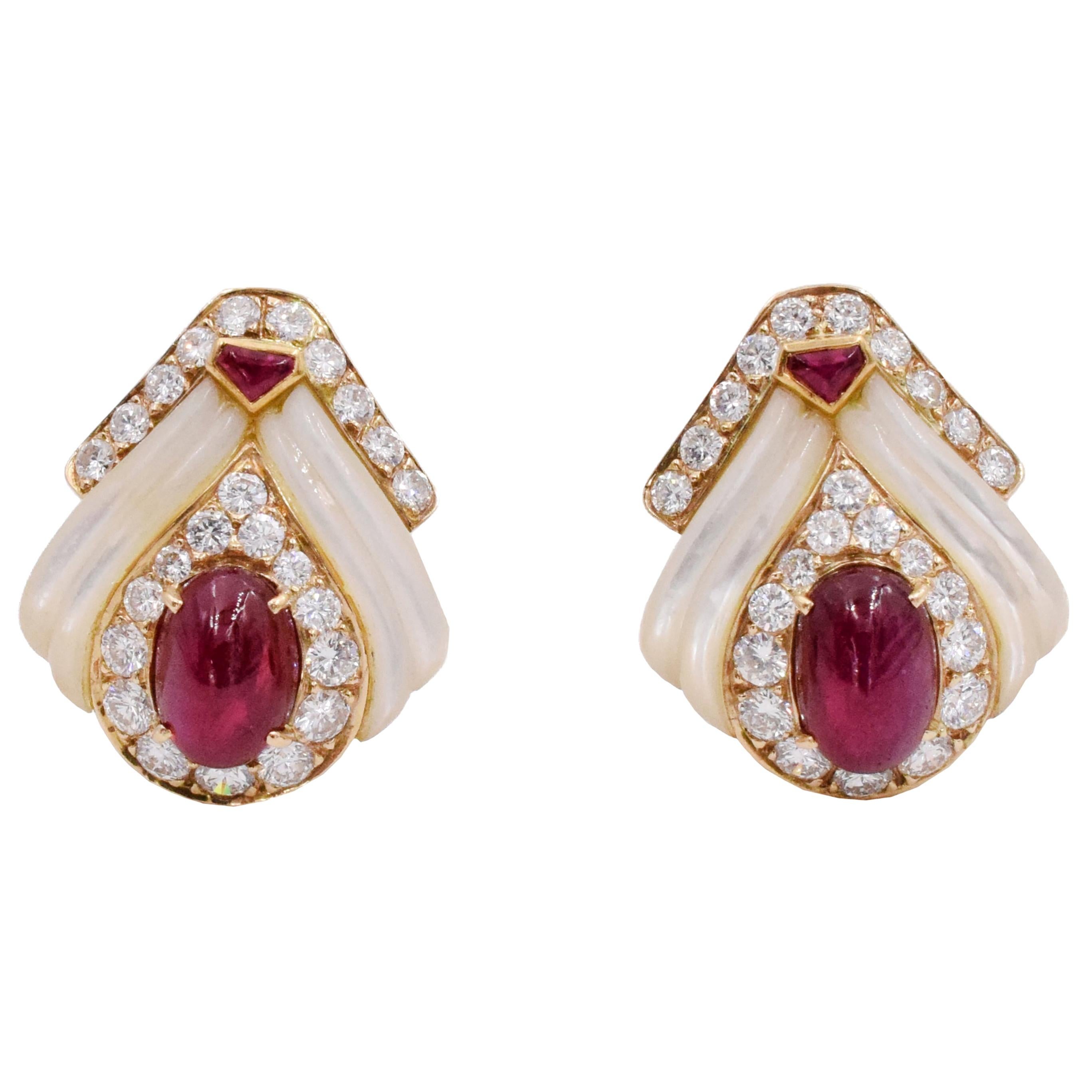 Mauboussin Paris Ruby, Mother of Pearl and Diamond Ear Clips