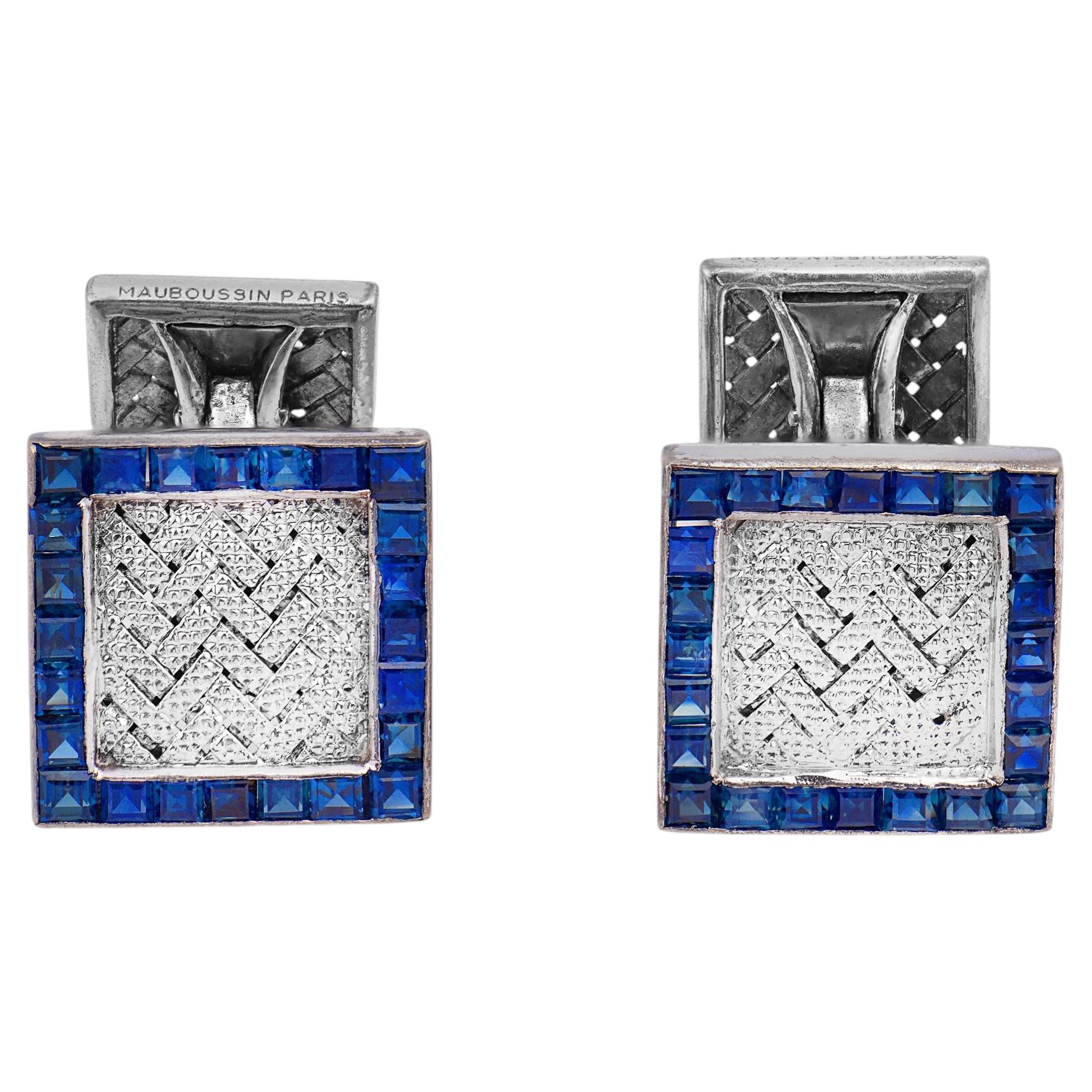 Boutons de manchette en or blanc 18k saphir de Mauboussin Paris en vente
