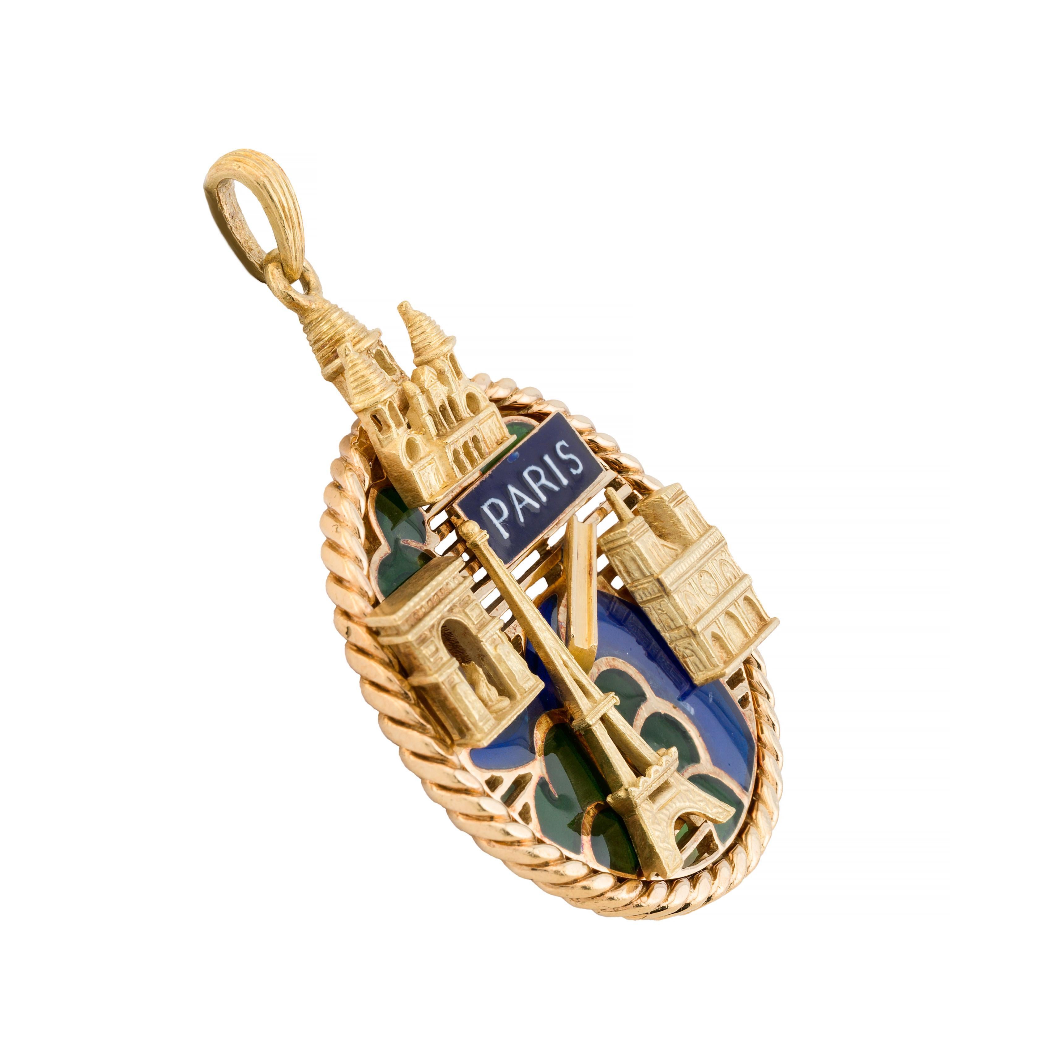 Aston Estate Jewelry präsentiert:

Eine unverwechselbare Anhänger-Halskette von Mauboussin, die ikonische Pariser Wahrzeichen in aufwändiger Detailarbeit zeigt. Gefertigt aus 18 Karat Gelbgold mit leuchtenden Plique a Jour-Emaille-Akzenten.

Der