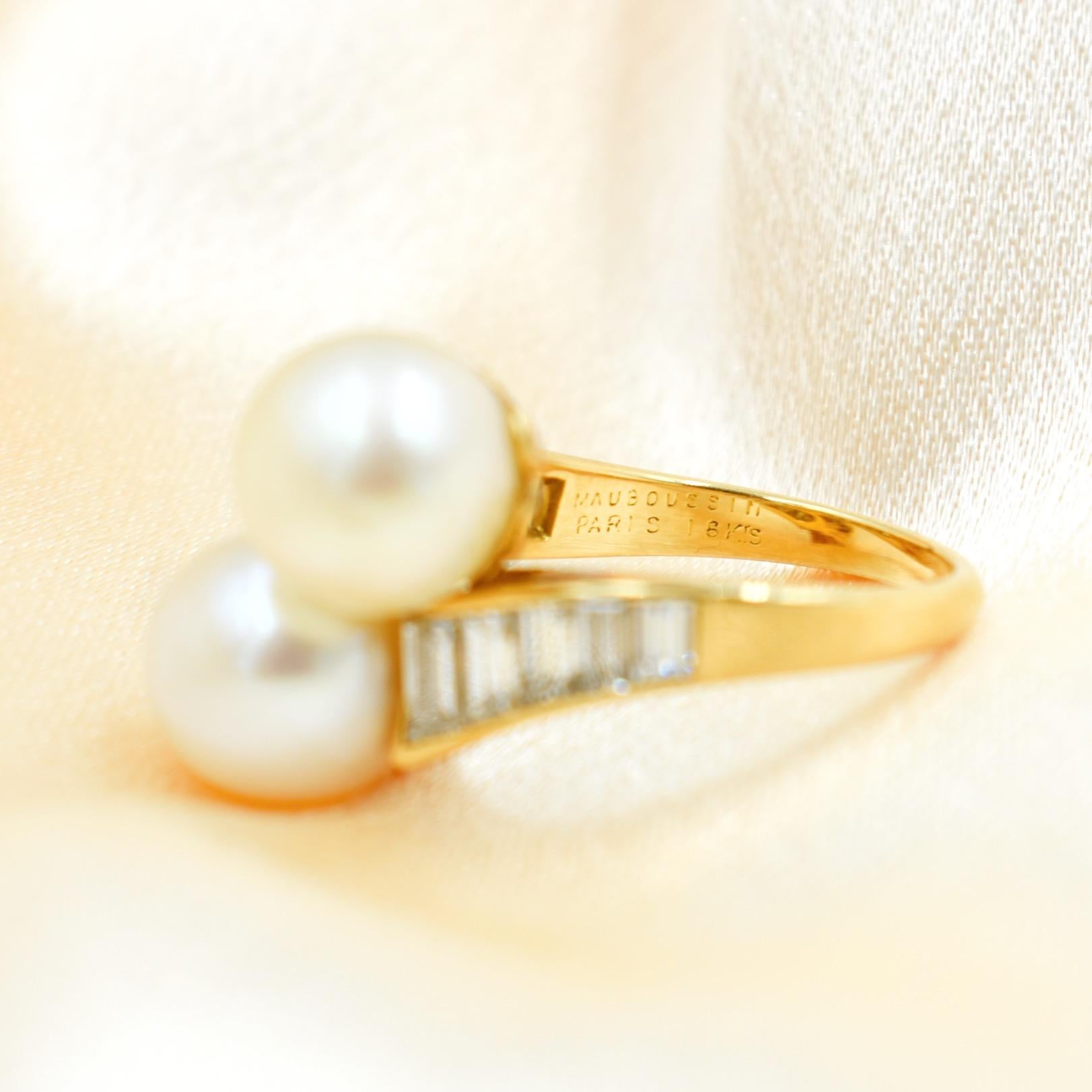 Mauboussin Paris toi & moi Pearls and Baguettes Diamond Cocktail Ring In Good Condition In PARIS, FR