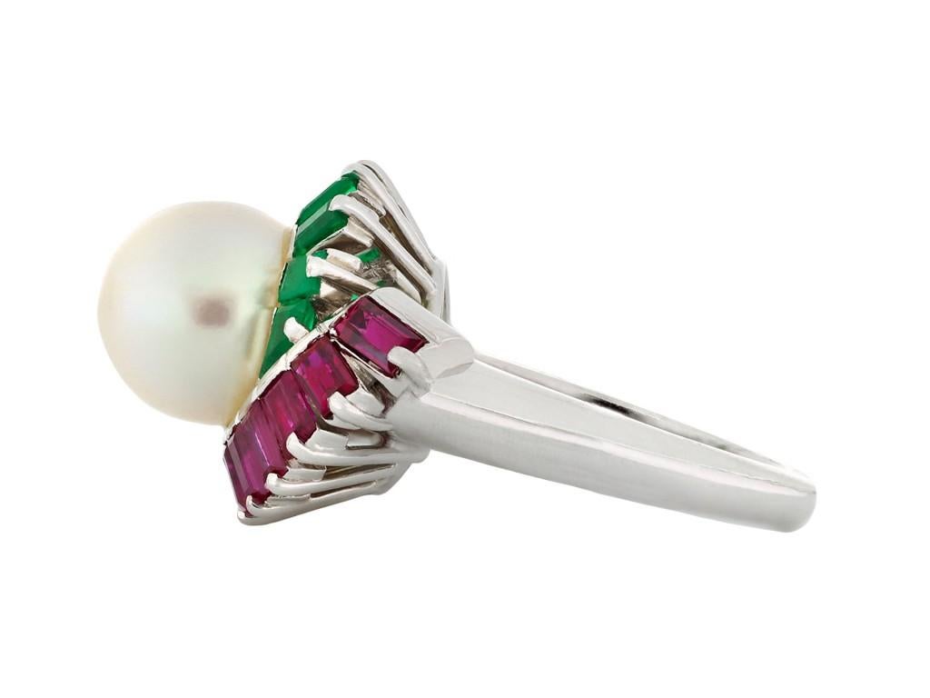 Baguette Cut Mauboussin Pearl, Ruby and Emerald Cluster Ring, French, circa 1970 For Sale