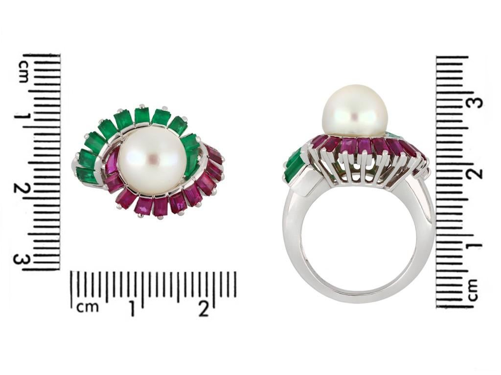 Mauboussin Pearl, Ruby and Emerald Cluster Ring, French, circa 1970 For Sale 1