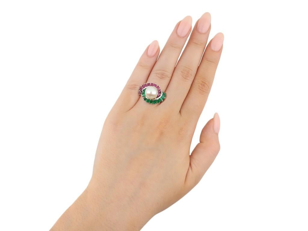 Mauboussin Pearl, Ruby and Emerald Cluster Ring, French, circa 1970 For Sale 2