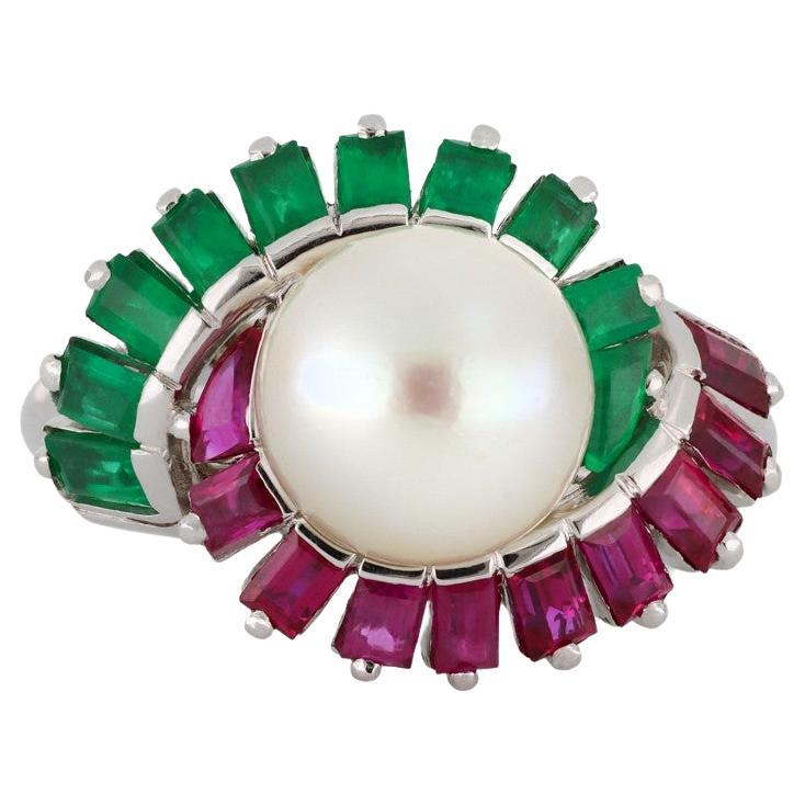 Mauboussin Pearl, Ruby and Emerald Cluster Ring, French, circa 1970 For Sale