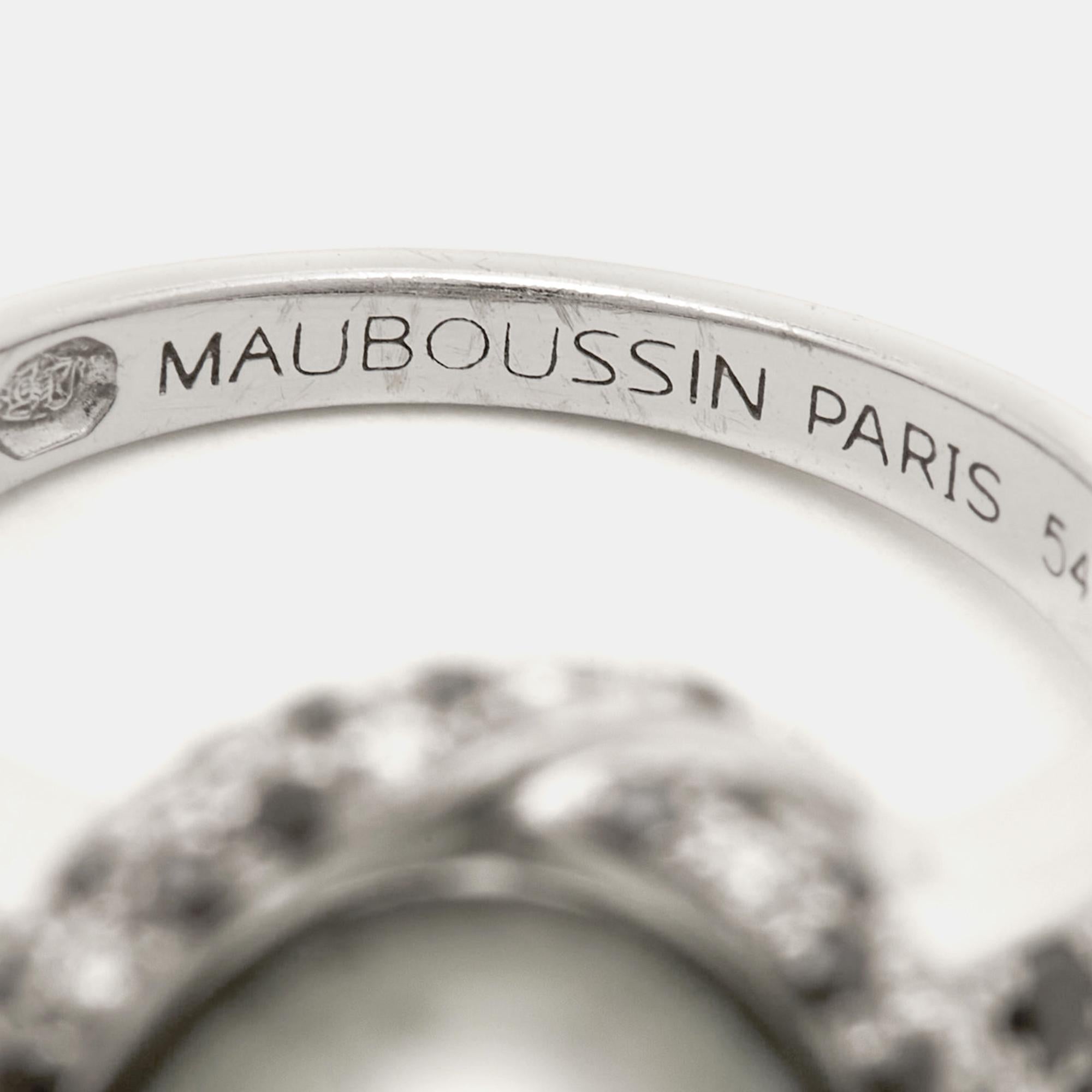 Mauboussin Perle Caviar Mon Amour Diamond 18K White Gold Cocktail Ring Size 54 2